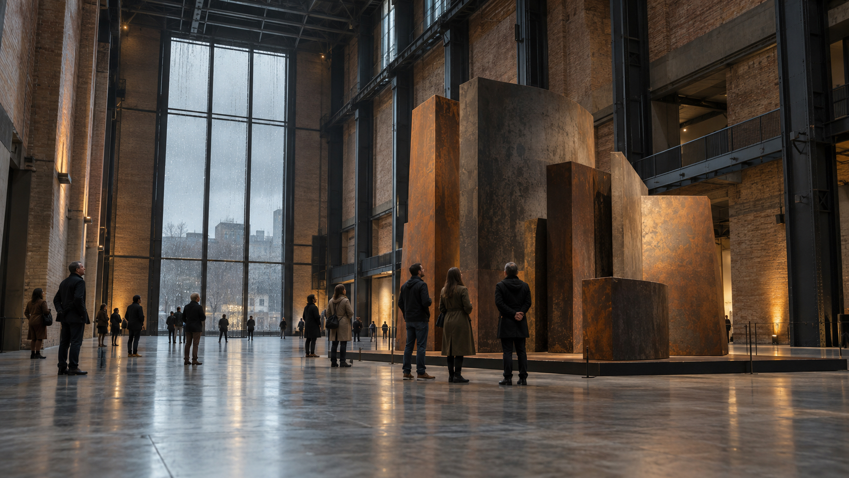 Adult visitors viewing a large abstract installation in a vast brick-and-steel contemporary art hall.