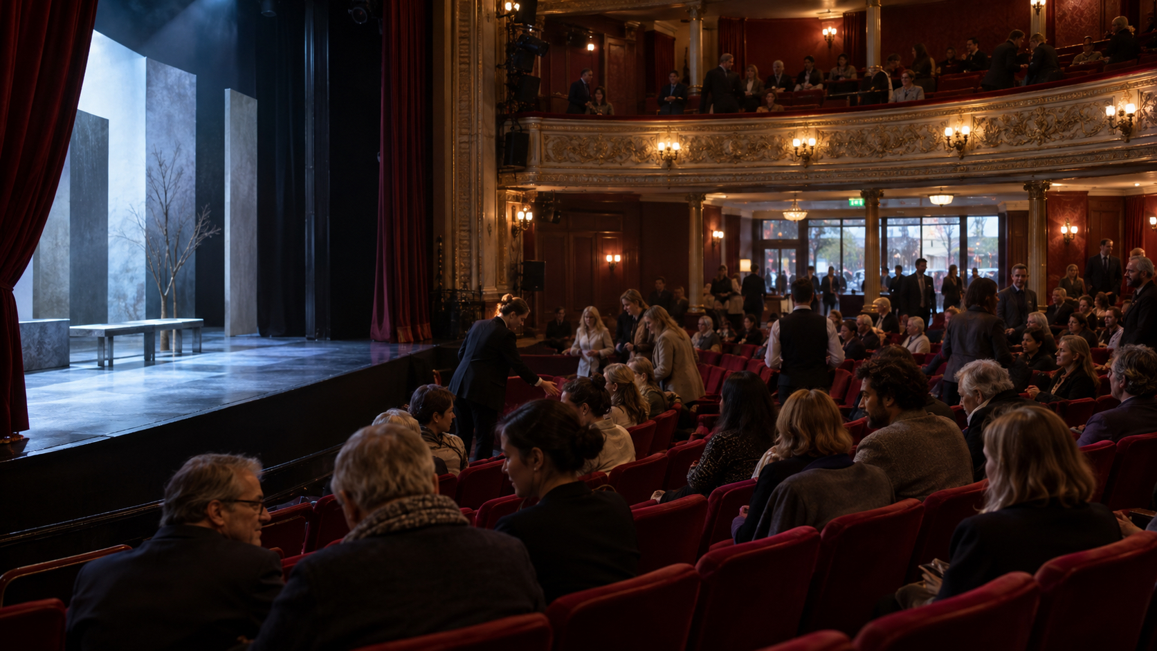 Adult audience members settling into red seats before a matinee in an intimate London theater.