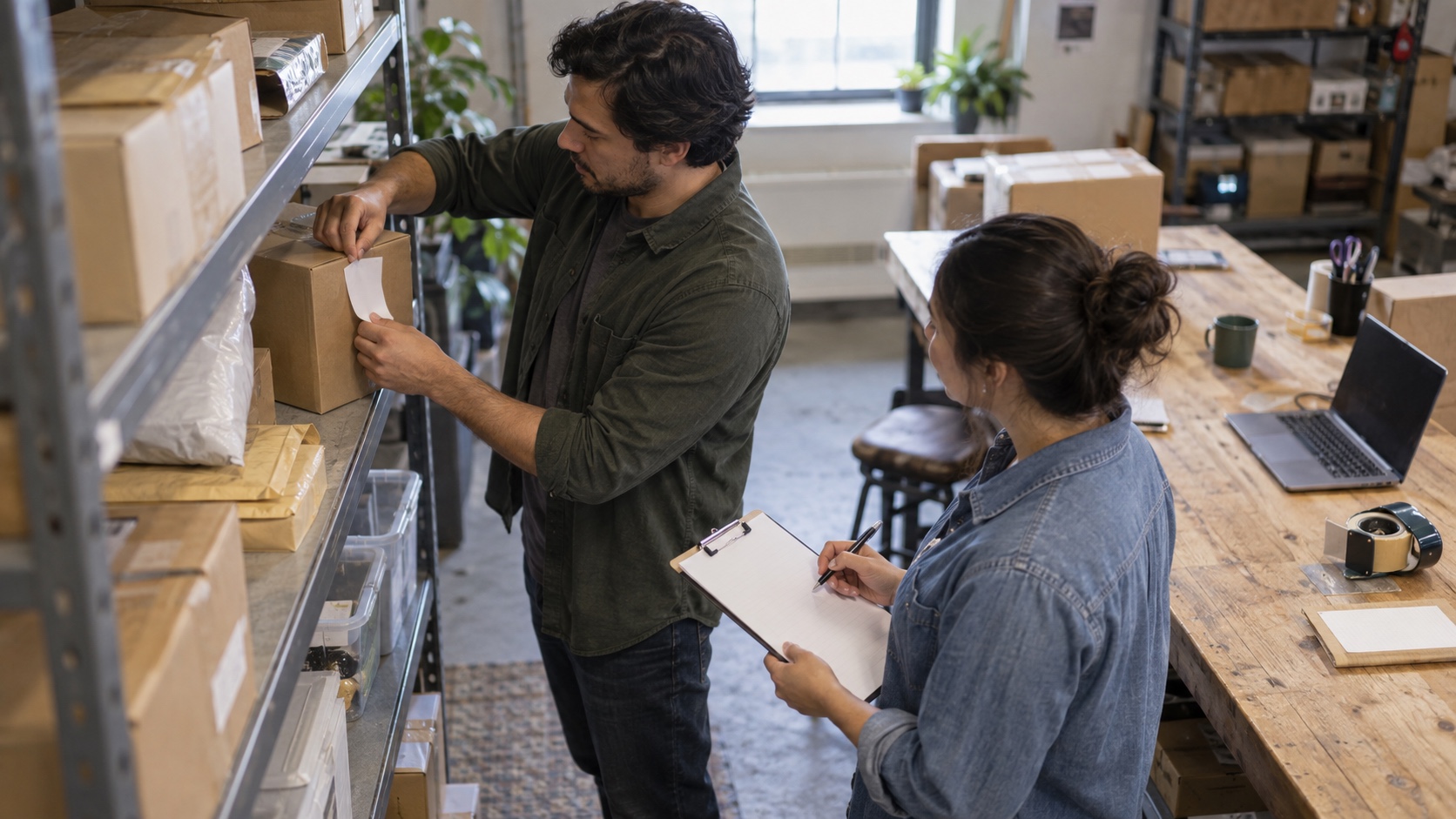 Team member replacing a mislabeled package while a colleague checks the corrected order.