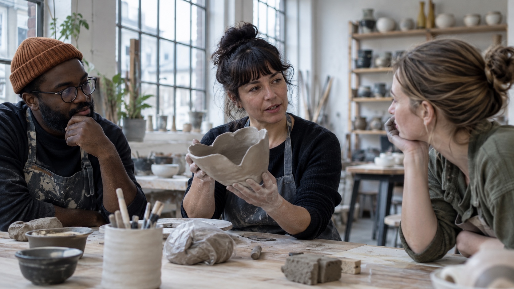 Artist discussing an unfinished clay piece with classmates in a candid workshop setting.