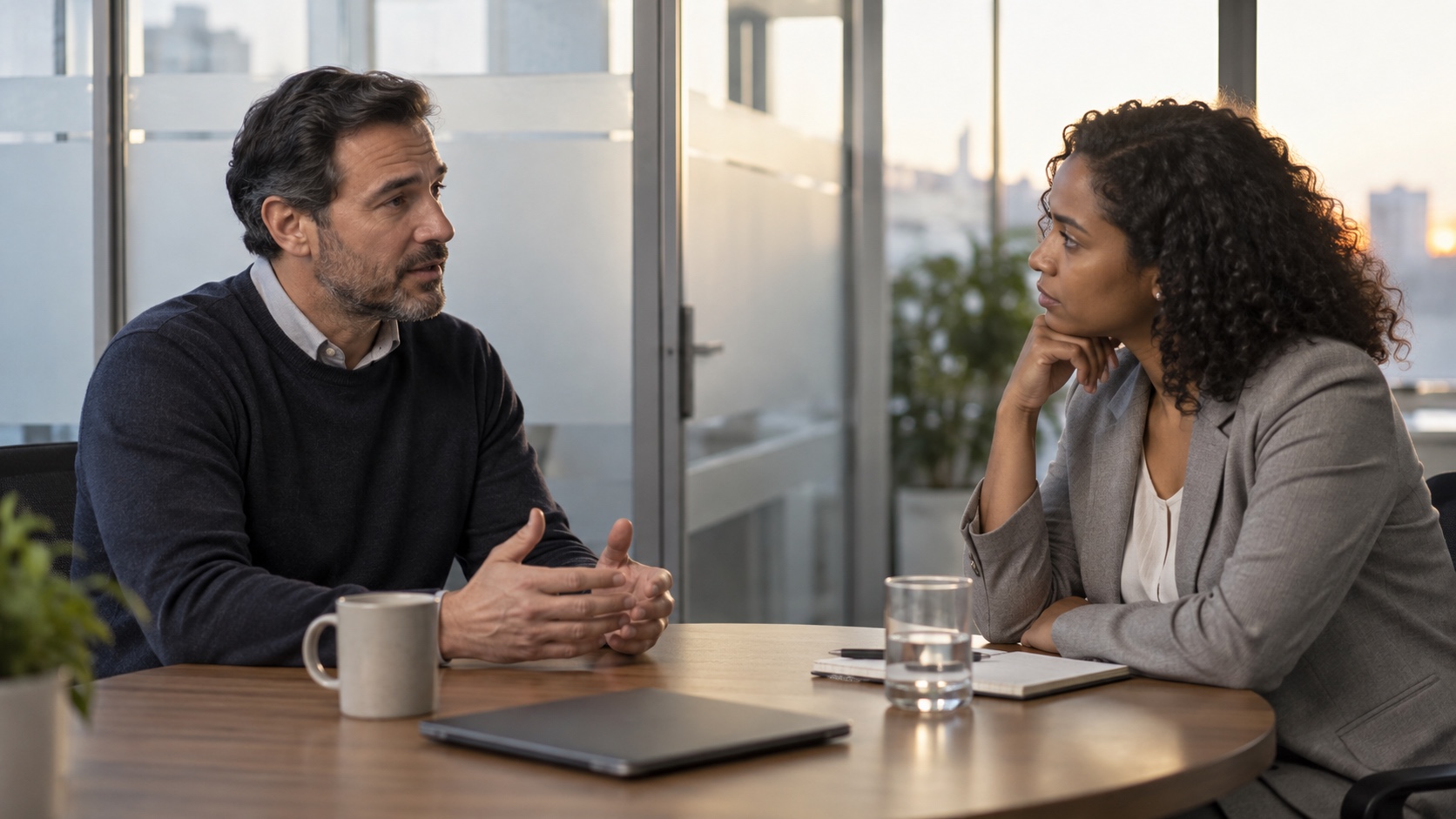 Two colleagues having a calm private conversation across a small office table.