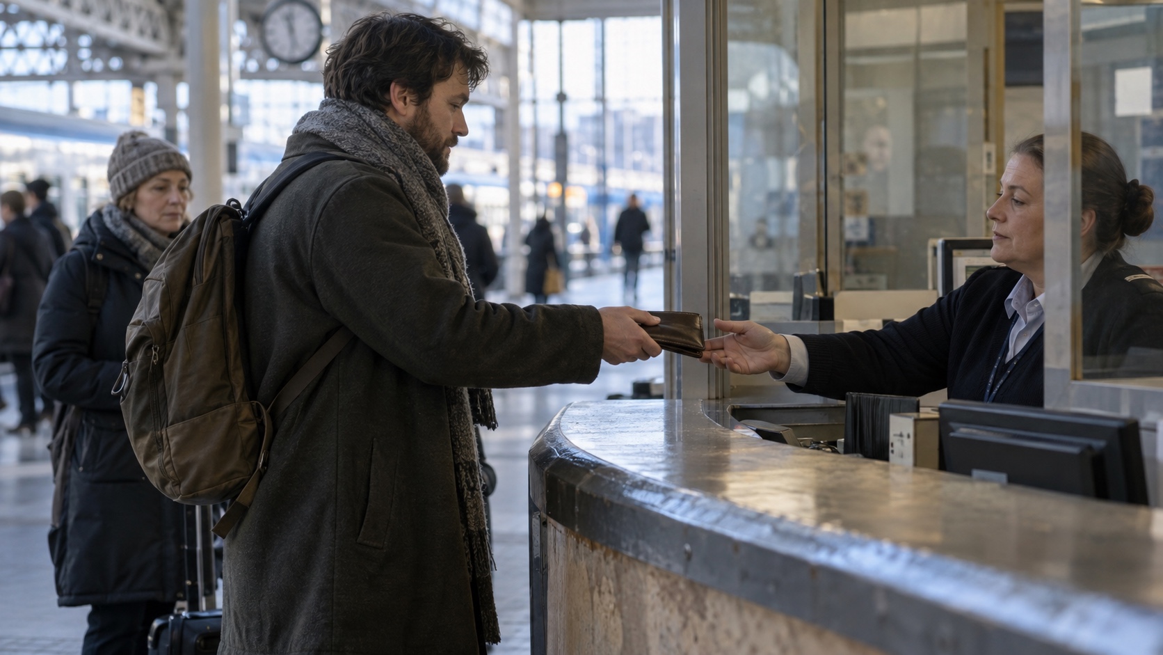 Commuter returning a found wallet to a transit desk while another traveler waits nearby.