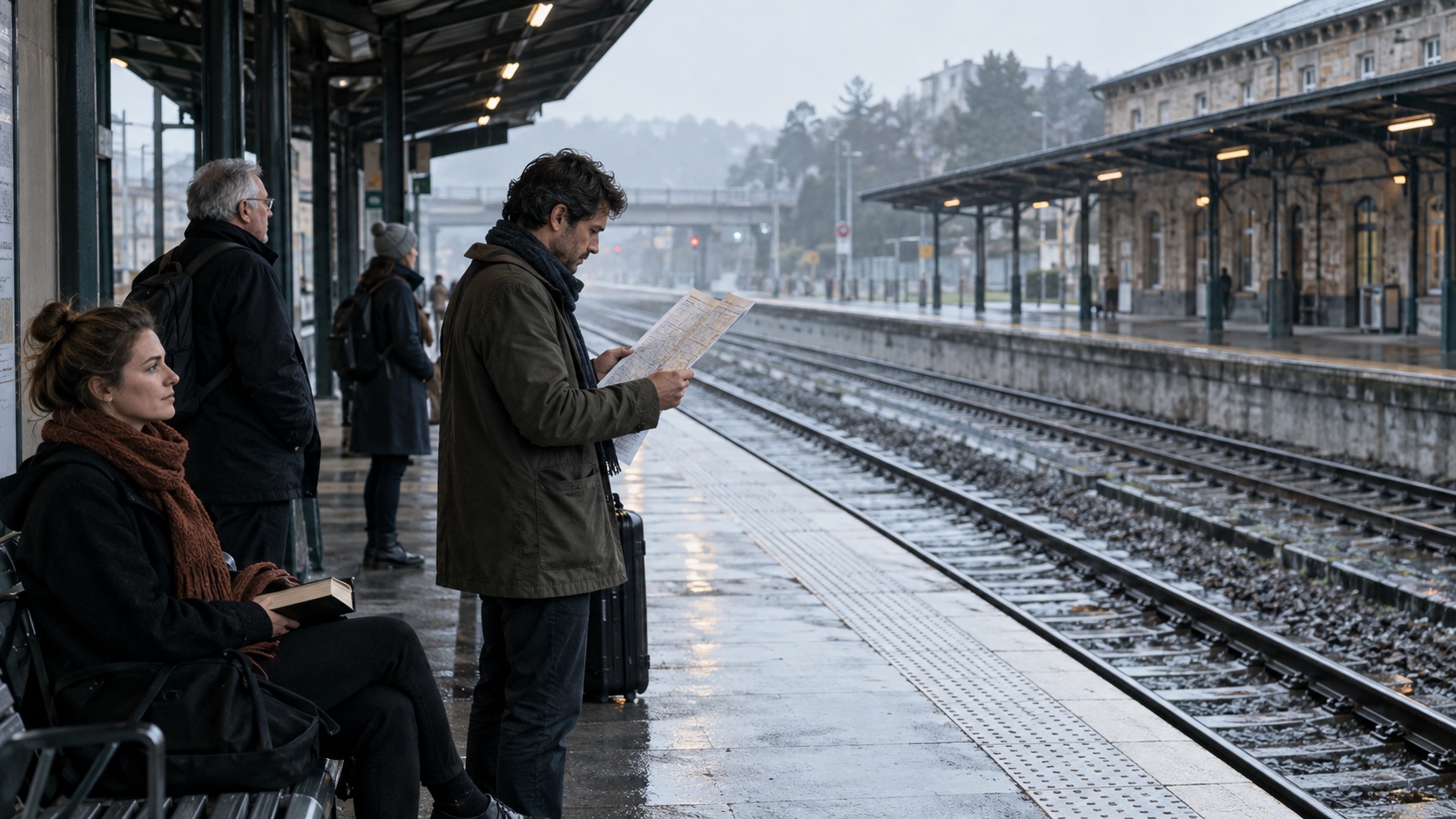 Travelers waiting calmly beside a delayed train platform while one person checks the schedule.