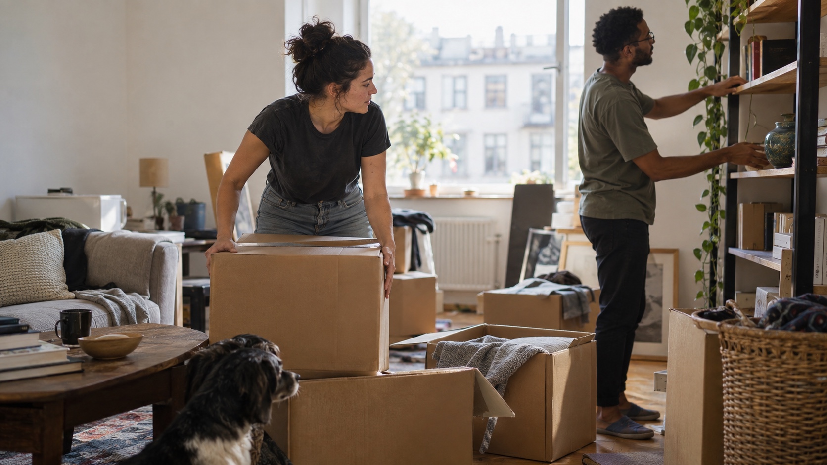 Friend helping another person organize moving boxes beside an open window in natural daylight.