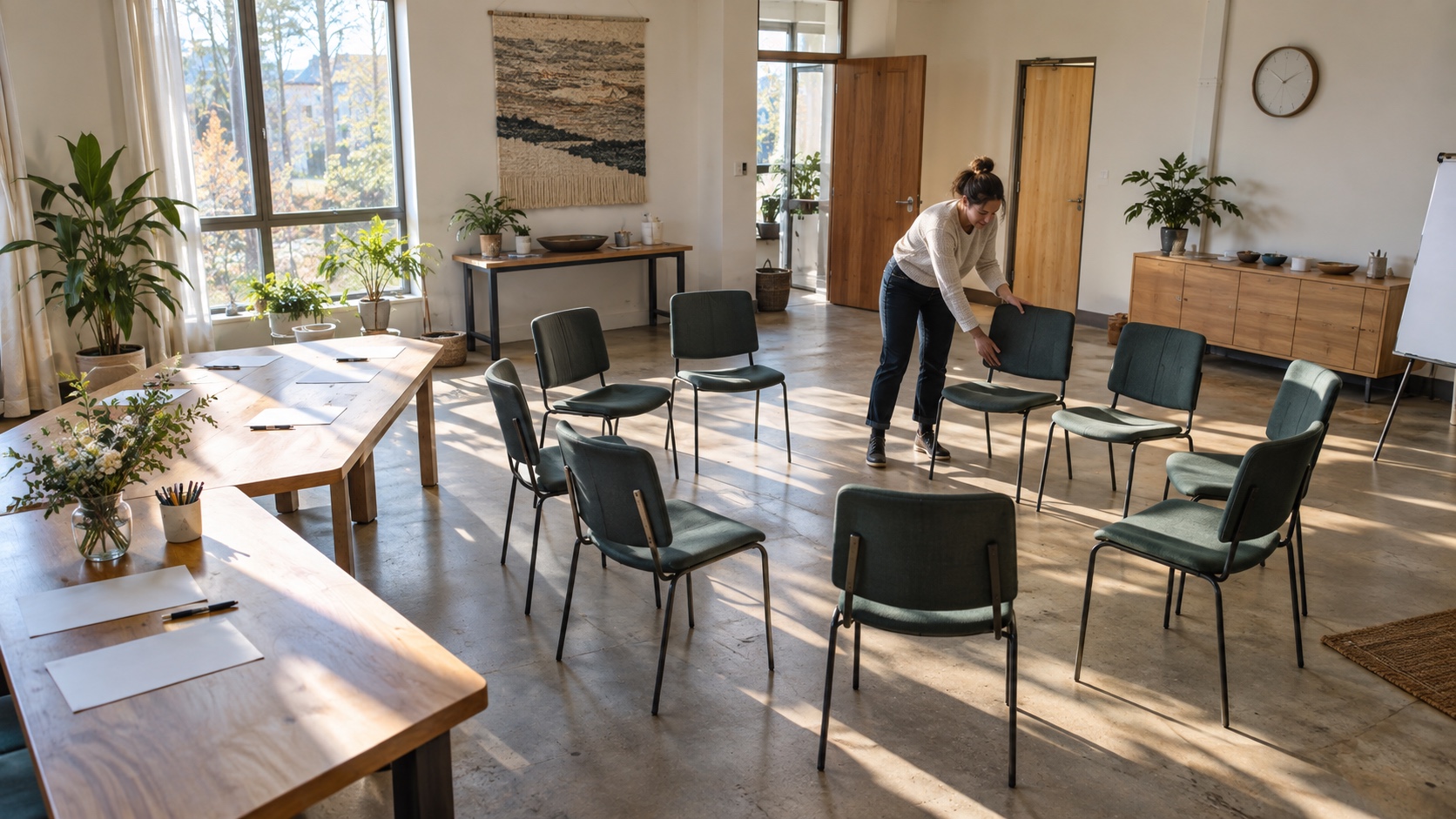 Workshop organizer arranging chairs and materials before participants arrive for a community meeting.