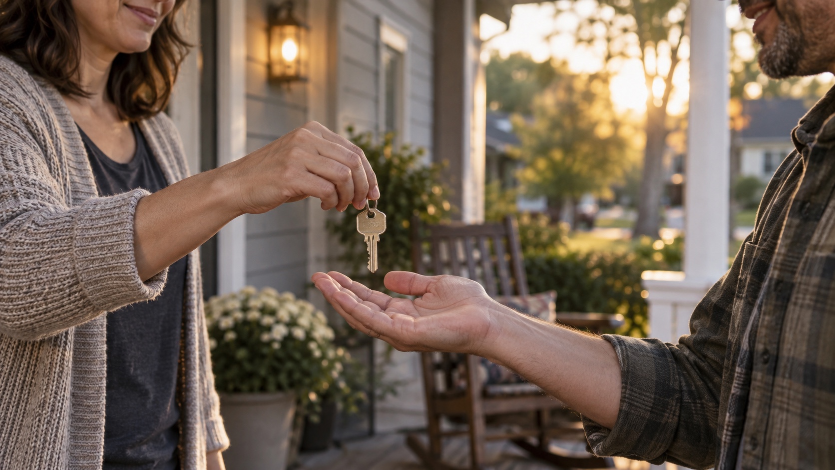 Neighbor carefully returning a spare house key during a friendly front-porch handoff.