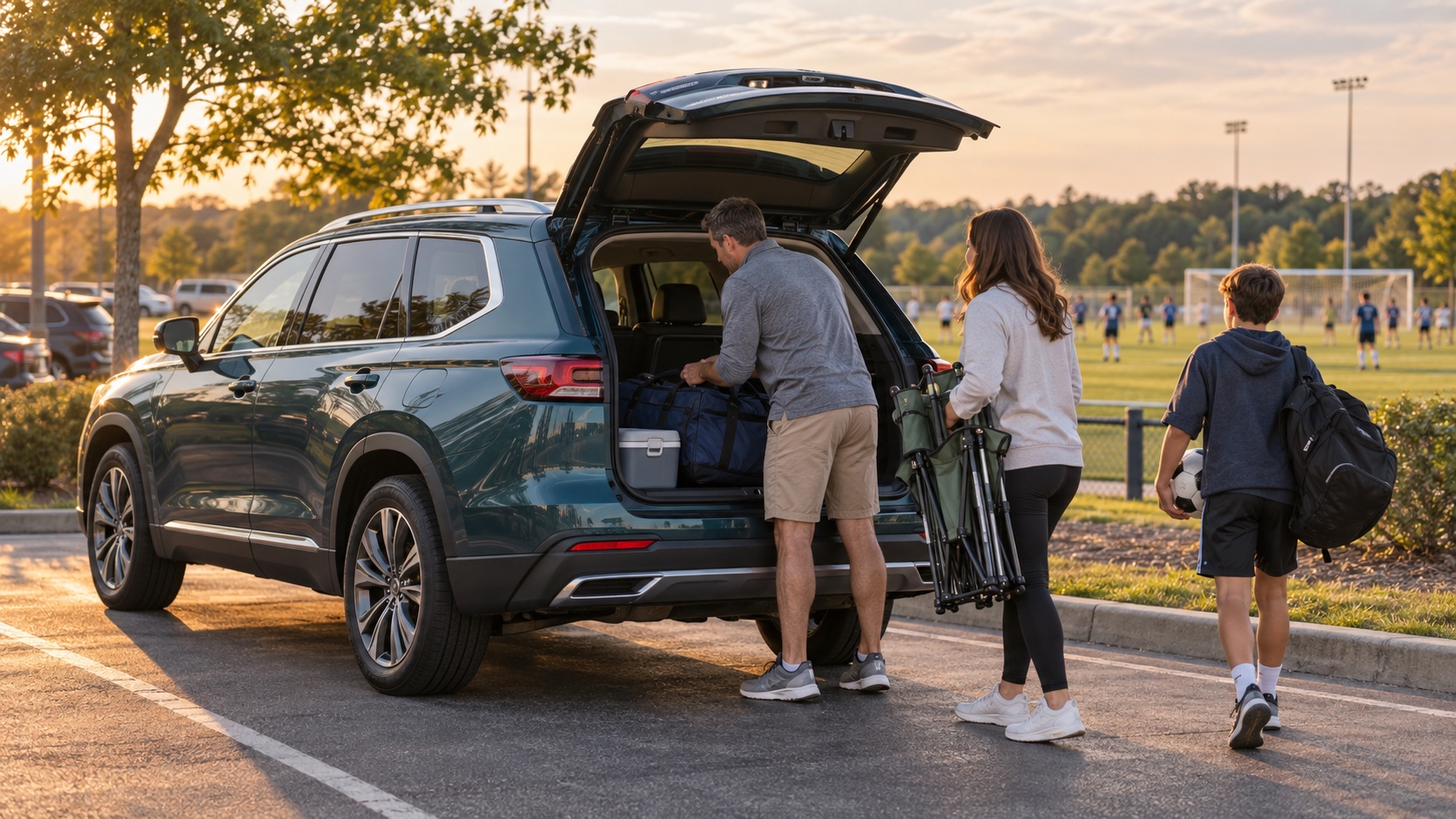 Editorial illustration of a family loading sports equipment into an unbranded three-row crossover at a recreation field.