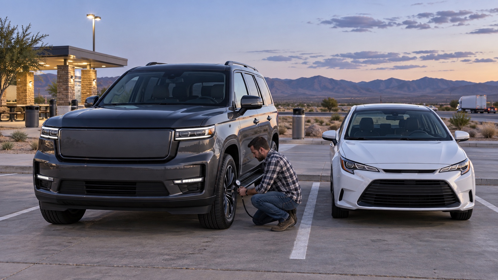 Editorial illustration of a driver checking tire pressure on a fictional badge-free large SUV beside a compact sedan.