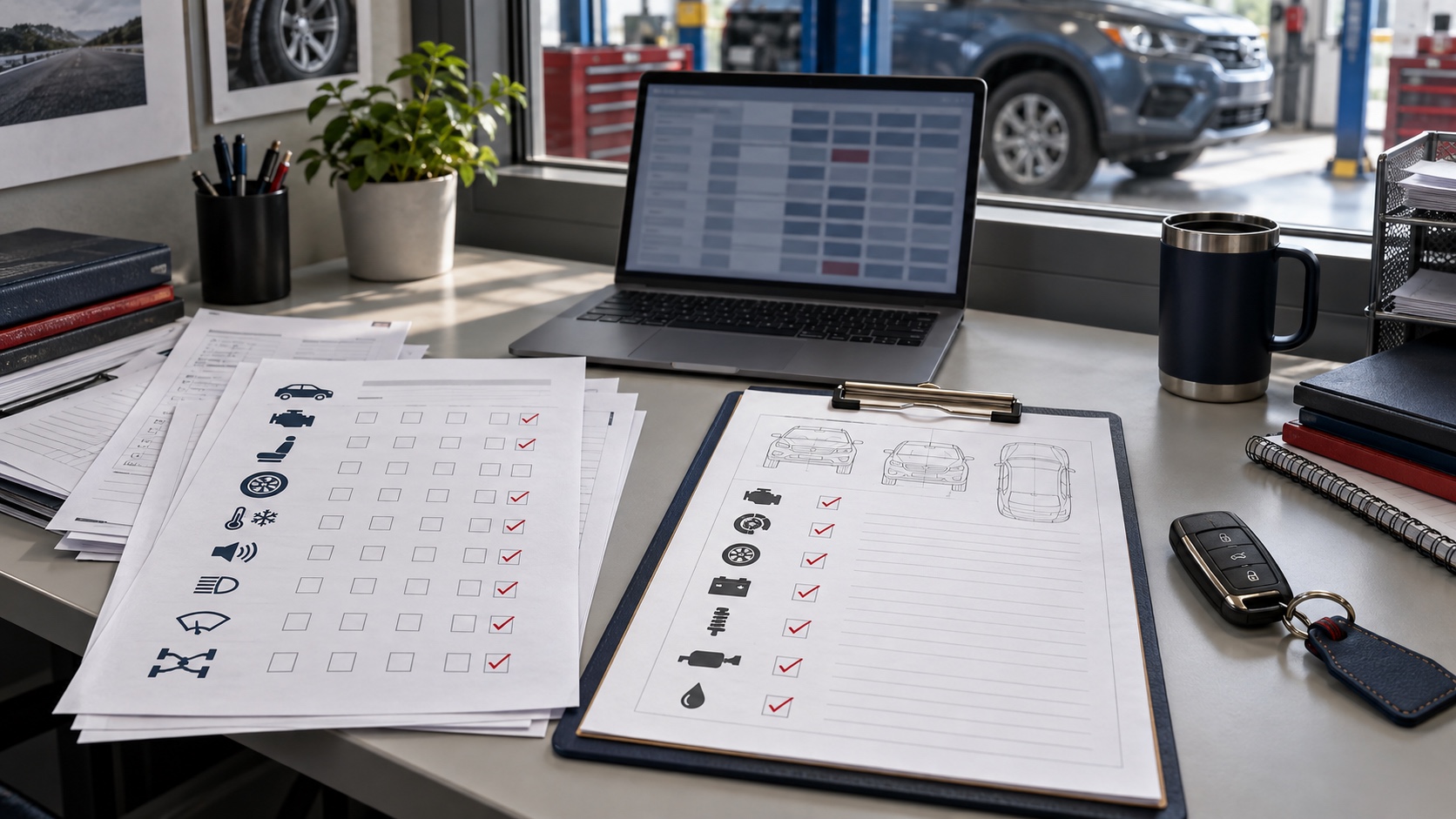 Editorial illustration of anonymous vehicle survey sheets, a laptop grid, and inspection notes in an automotive research office.