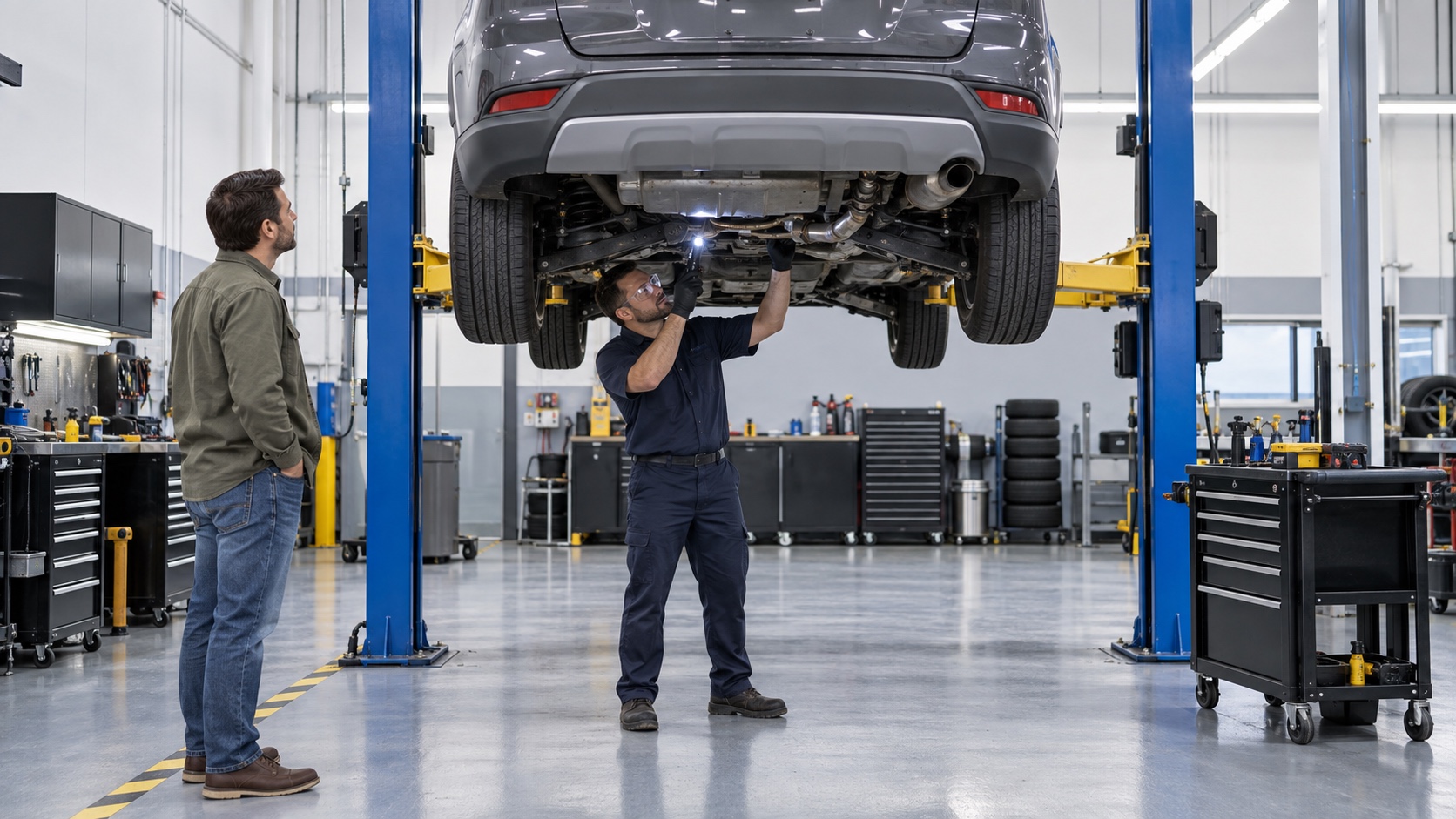 Editorial illustration of an independent mechanic inspecting an unbranded crossover on a professional vehicle lift.
