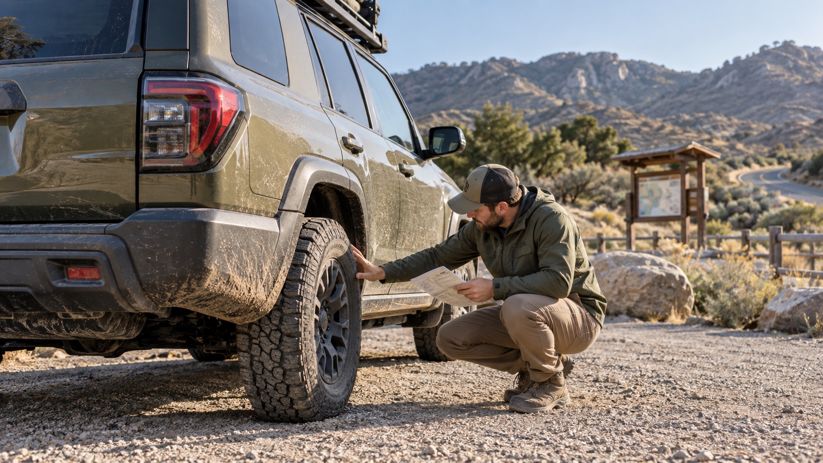 Editorial illustration of an owner checking the tire condition of an unbranded rugged SUV at a gravel trailhead.