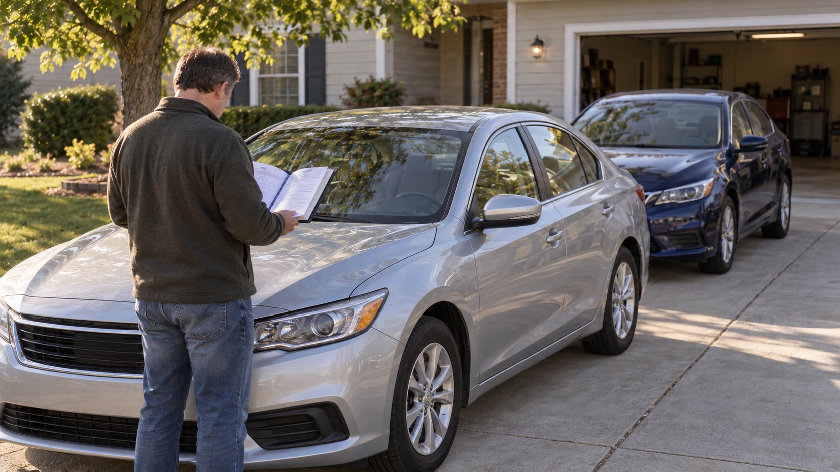 Editorial illustration of a used-car buyer comparing service documents beside two unbranded compact and midsize sedans.