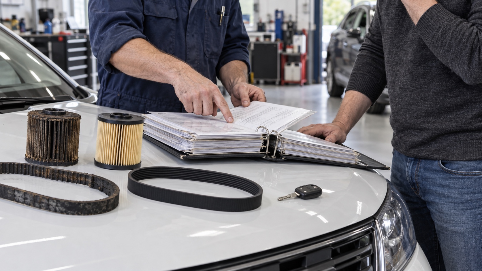 Editorial illustration of a mechanic and buyer reviewing a thick service-record folder beside used maintenance parts.