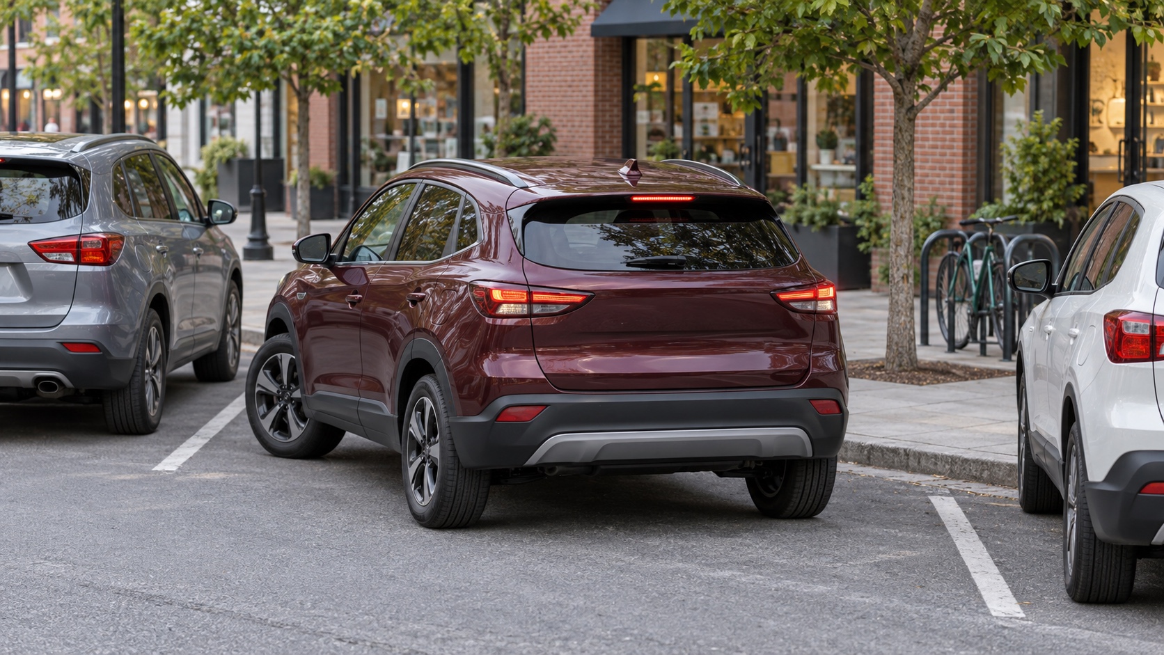 Editorial illustration of a fictional badge-free compact crossover parking on a tree-lined urban street.