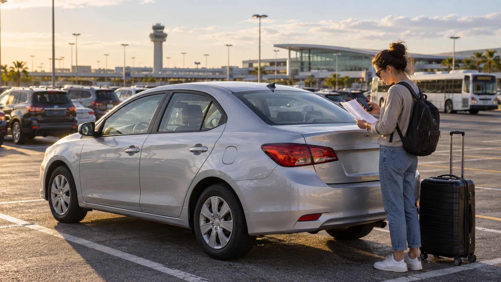 Editorial illustration of a traveler comparing a generic rental-car price breakdown beside an unbranded sedan.
