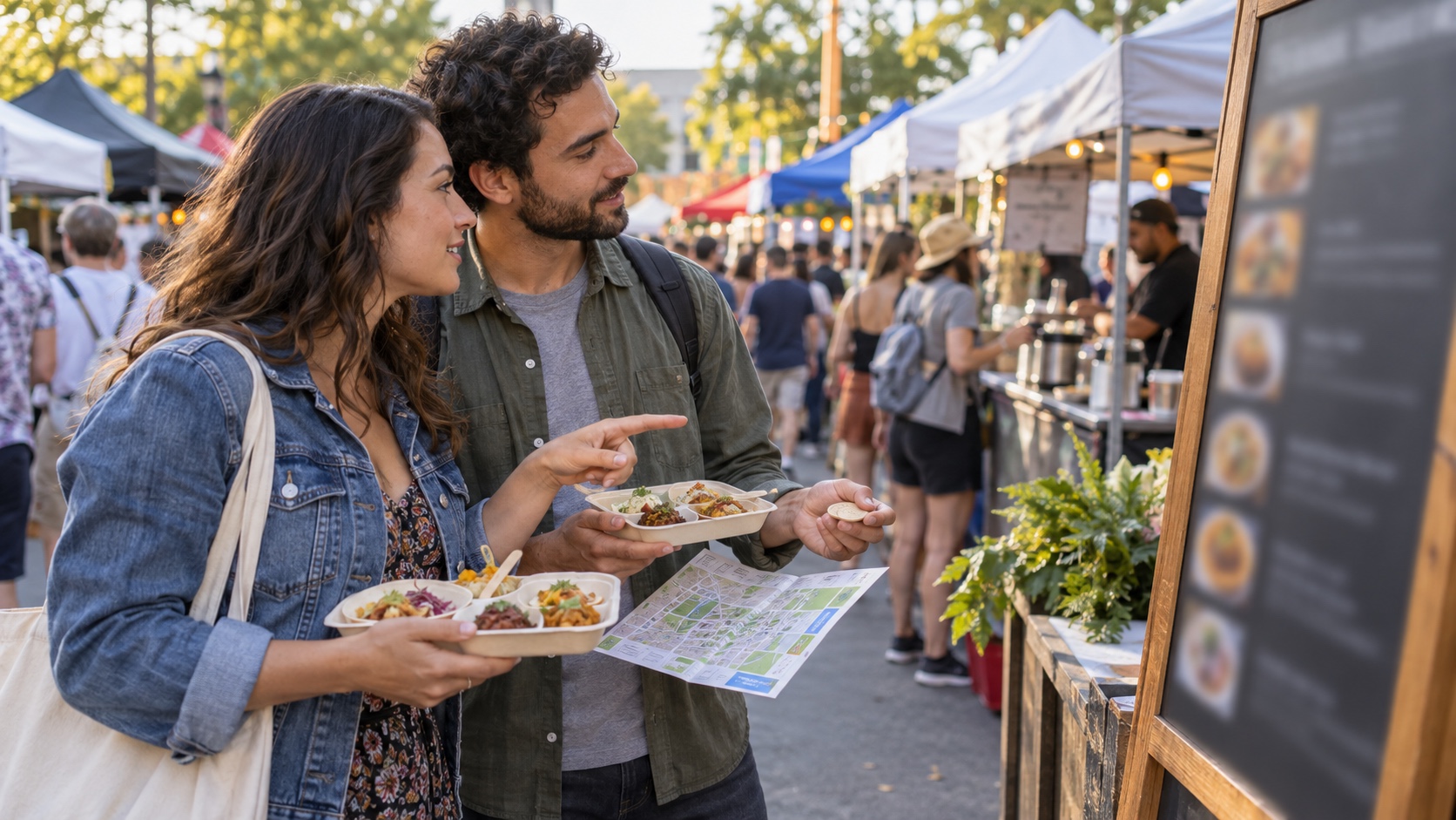 Visitors compare small tasting portions at an outdoor neighborhood food festival.