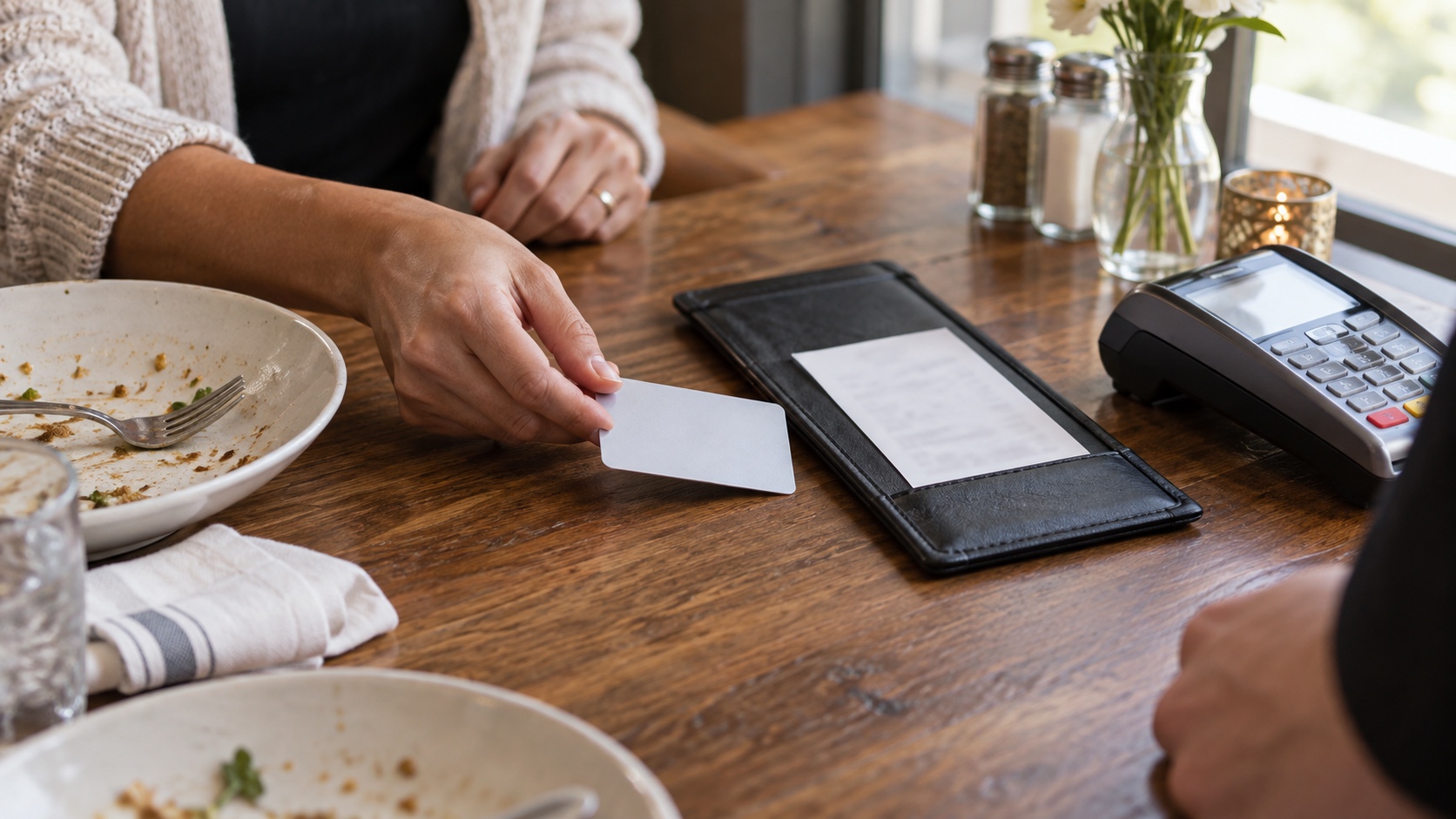 Diner places an unbranded gift card beside a restaurant check presenter and payment terminal.