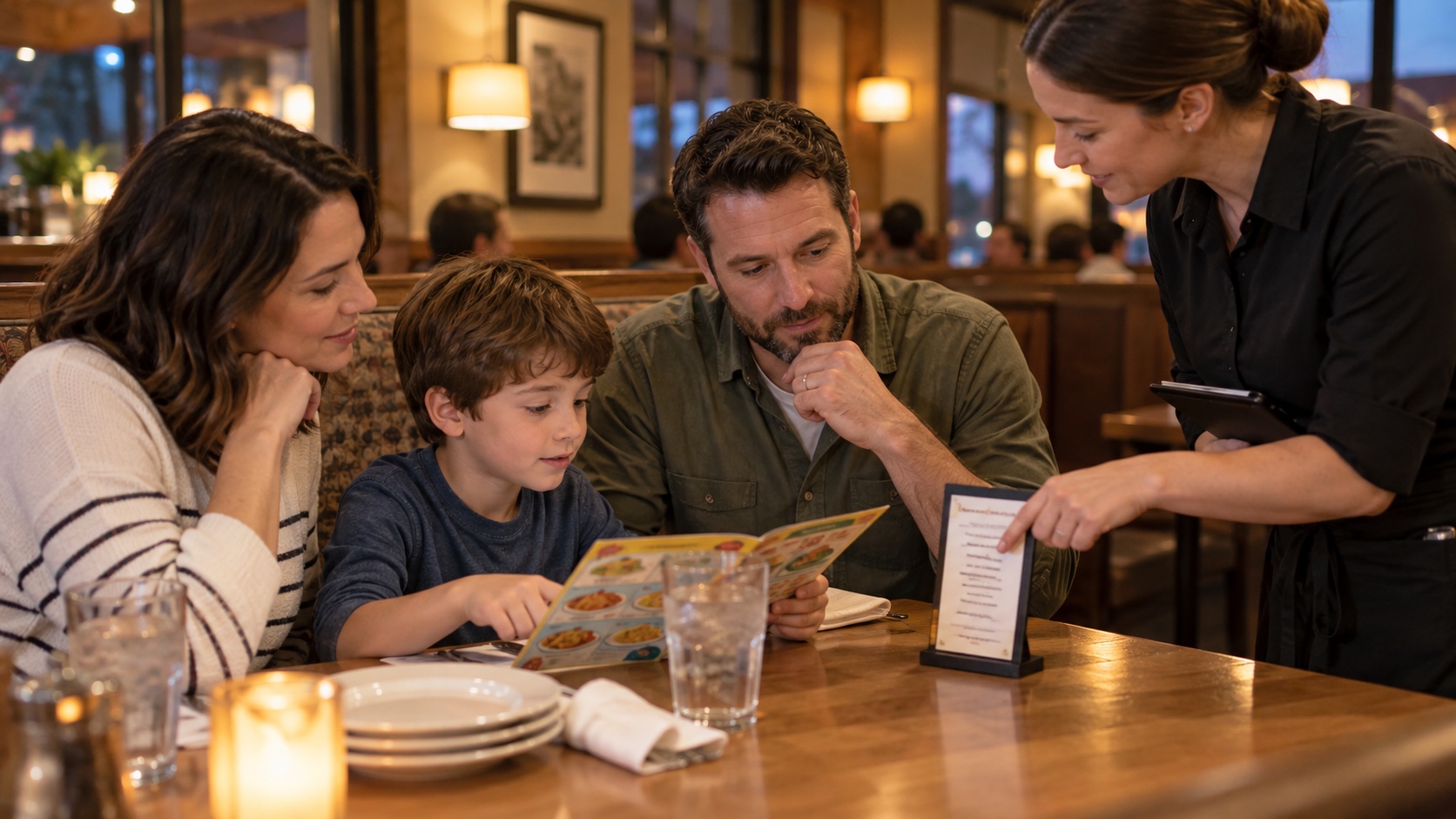 Family reviews a children’s menu while a server points to a small terms card.