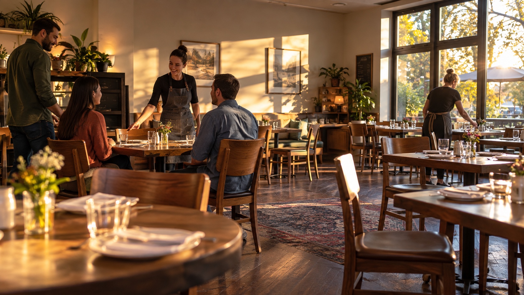 A few diners are seated in a quiet neighborhood restaurant during late-afternoon sunlight.