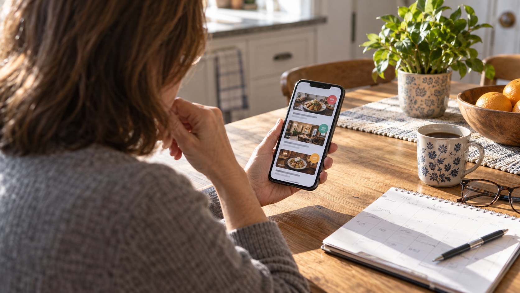Diner reviews an unbranded restaurant offers screen on a phone beside a paper calendar.