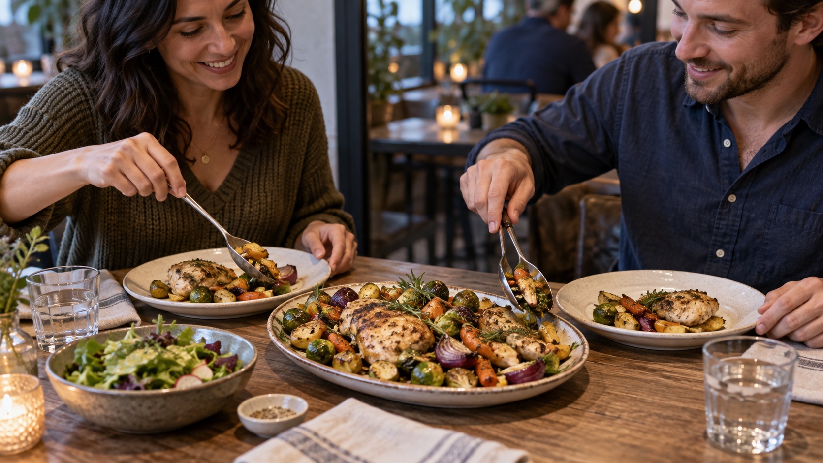 Two diners divide a roasted chicken and vegetable platter onto separate plates.