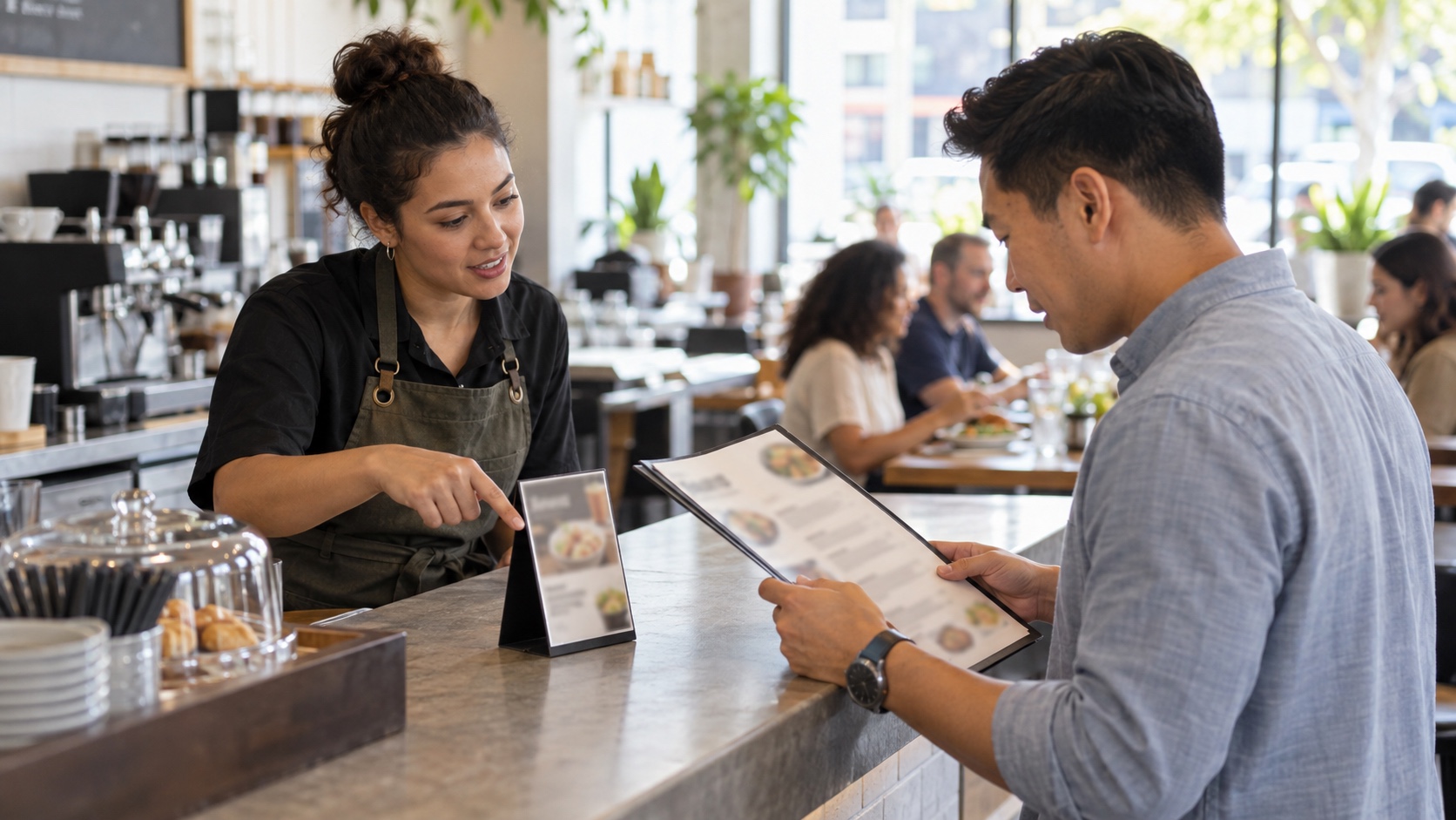 Cafe server points out an unbranded specials card while a customer compares it with the regular menu.