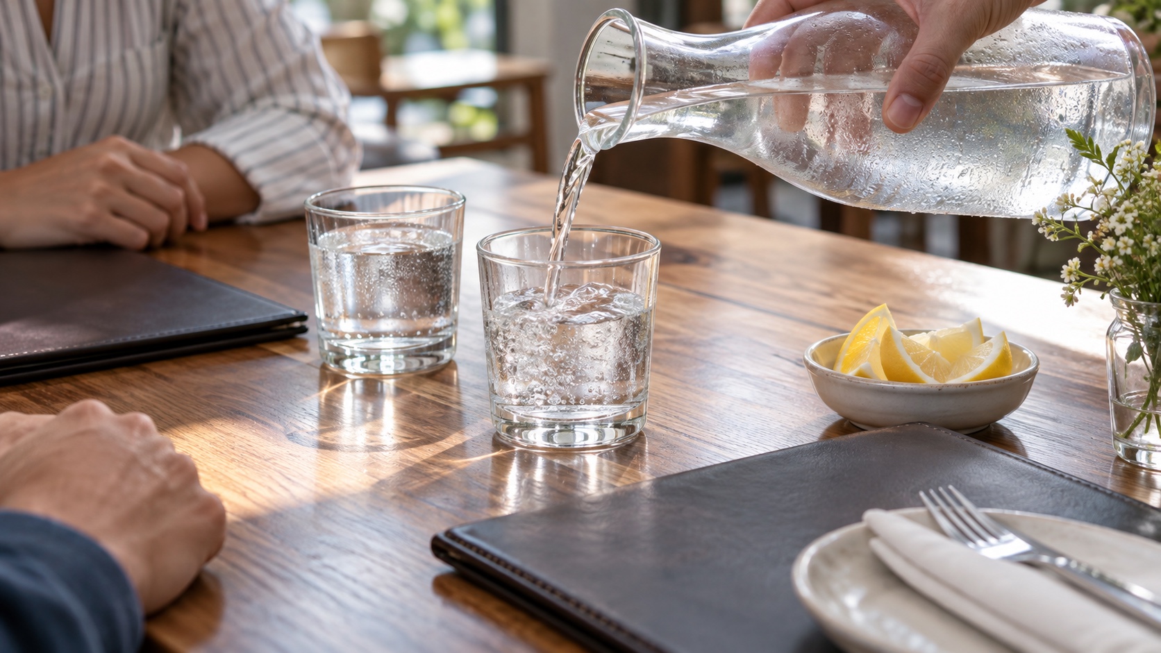 Clear water is poured from a glass carafe into tumblers beside closed restaurant menus.