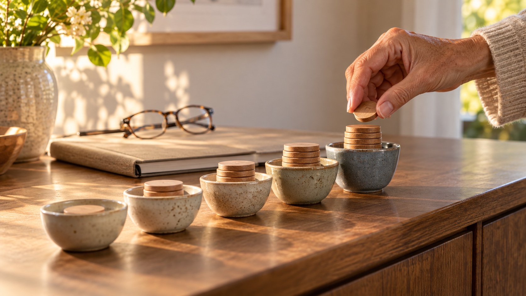 Older hand adding a final wooden token to a rising sequence of small ceramic bowls.
