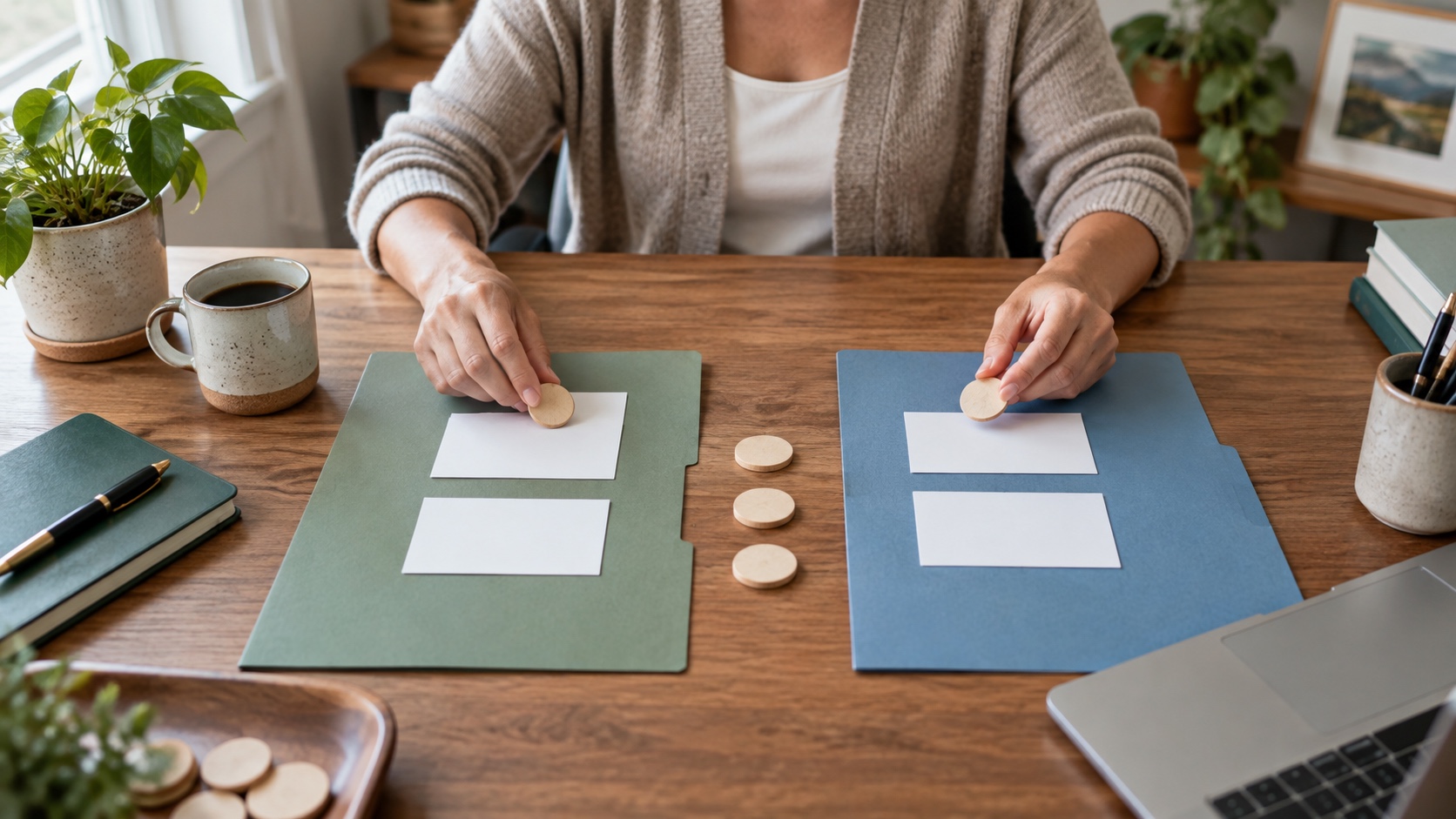 Woman comparing two blank color-coded retirement account folders with wooden planning tokens.