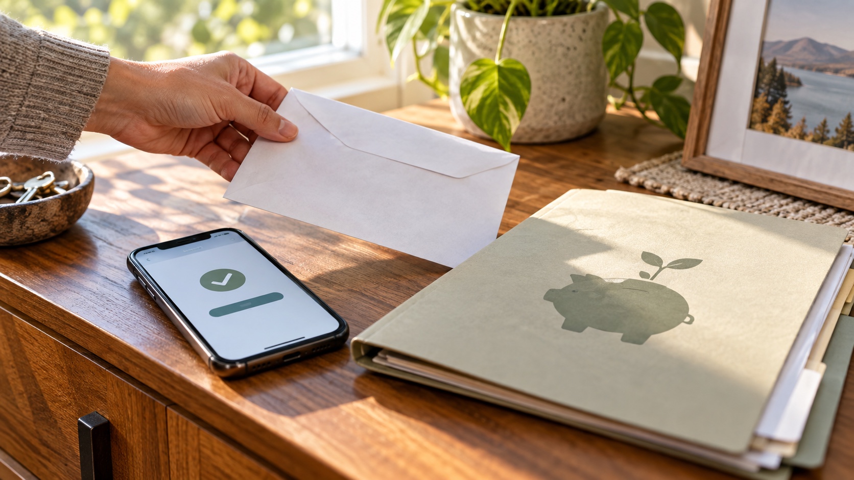 Hand moving a plain envelope toward a long-term savings folder beside a phone confirmation screen.