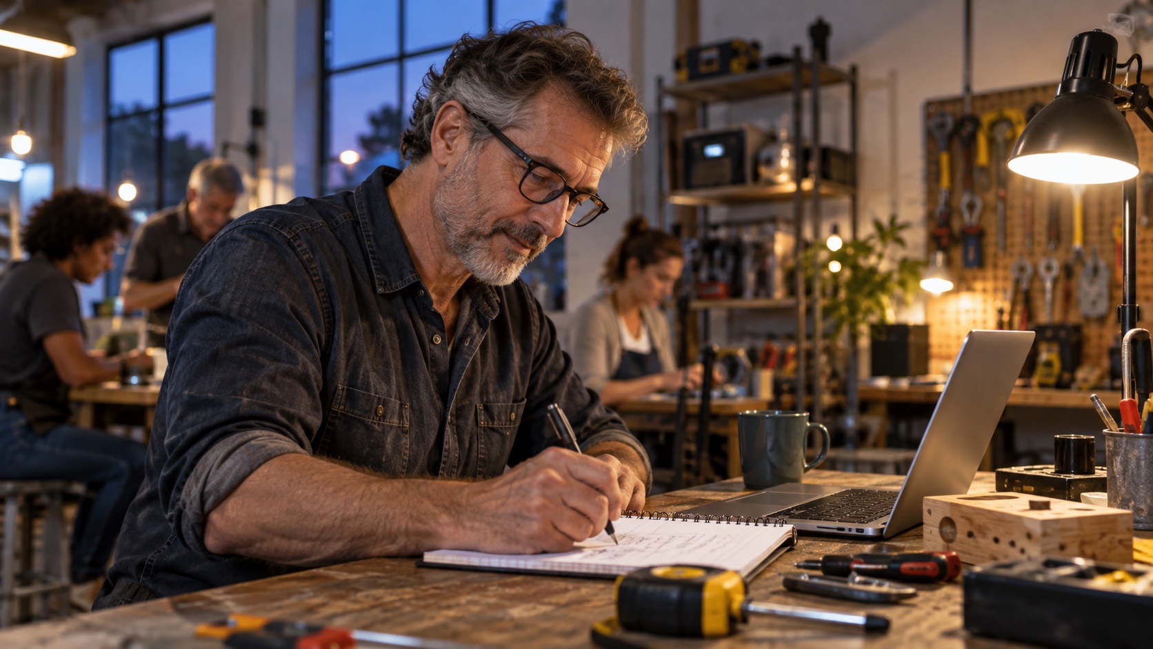 Mid-career man learning a practical skill at an evening community workshop with a laptop and tools.