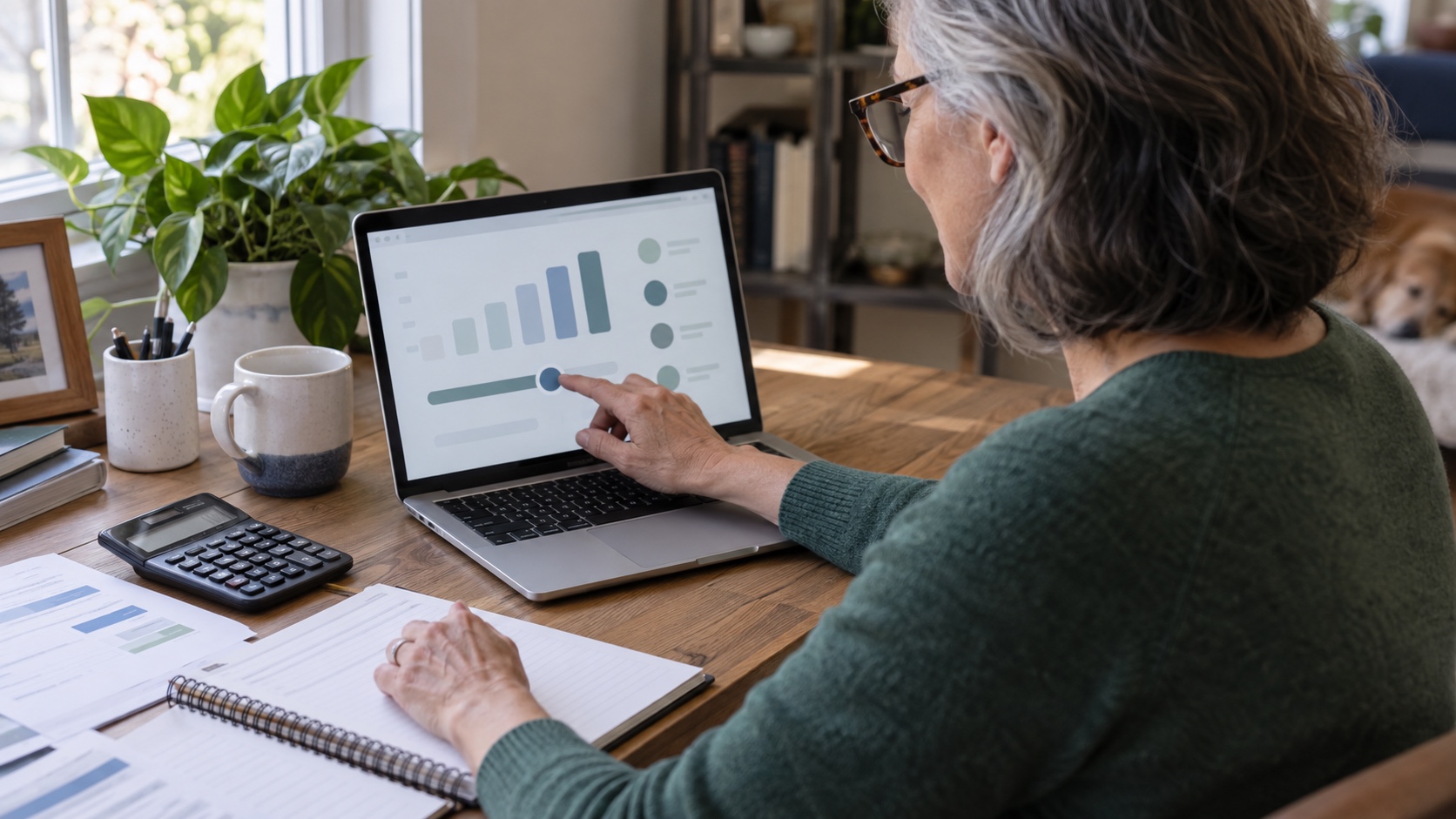 Older woman adjusting an abstract savings slider on a laptop beside a calculator and household plan.