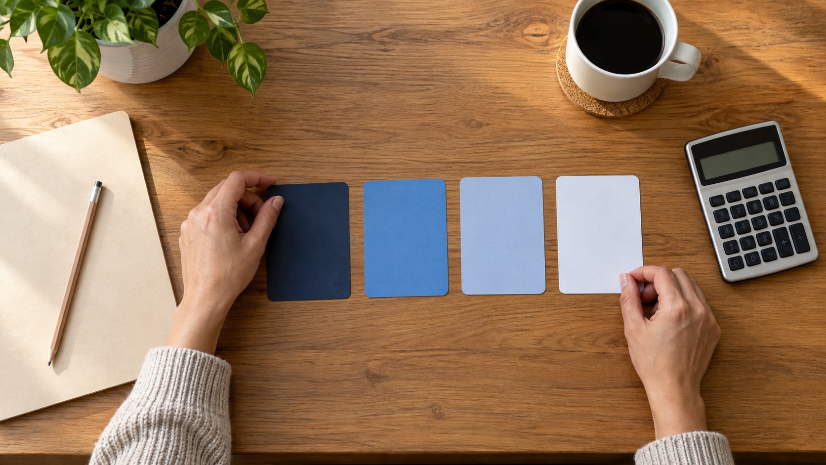 Hands arranging four blank cards by priority beside an inactive calculator on a wooden desk.