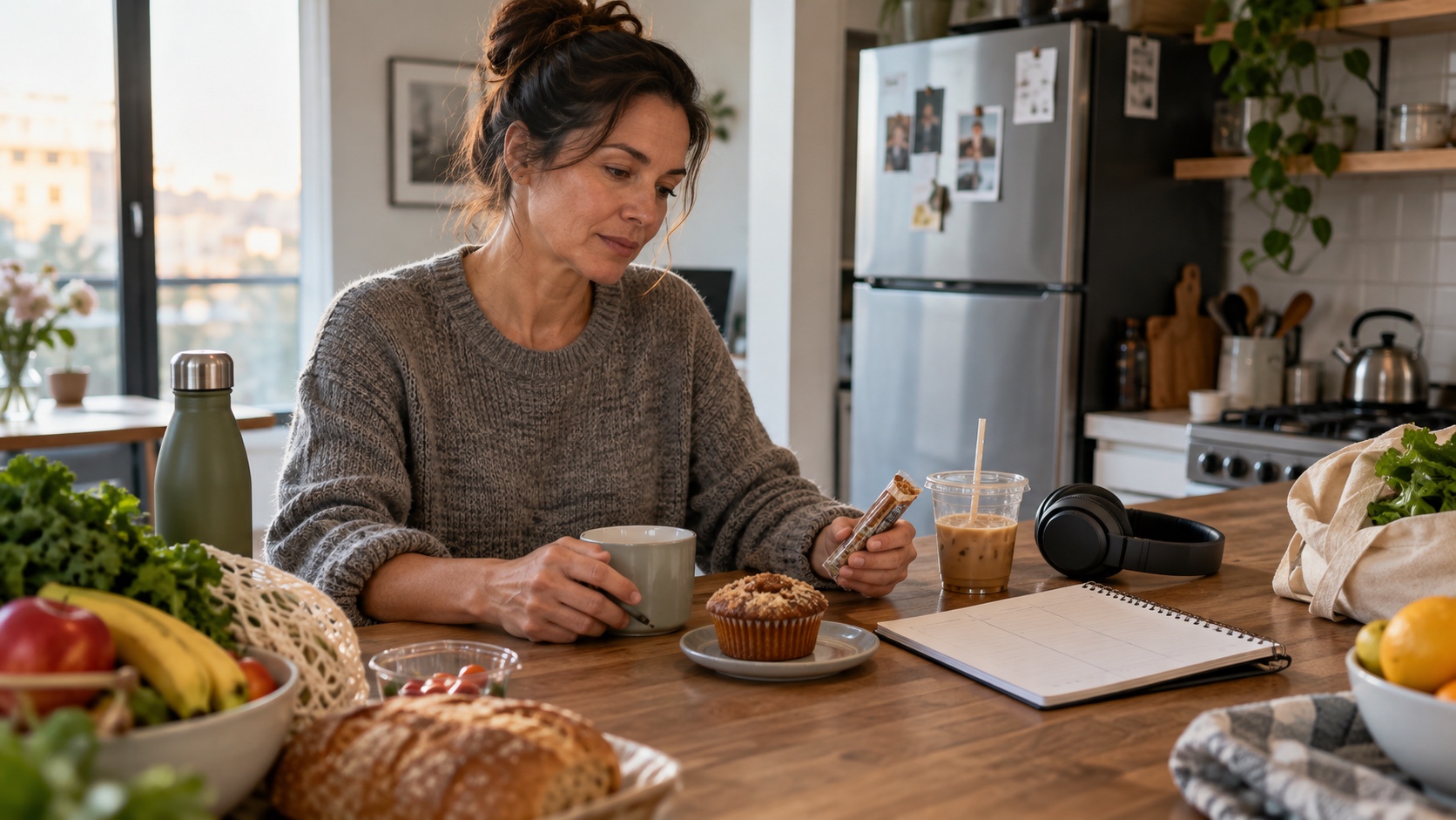 Woman comparing optional purchases with a blank weekly planner at a bright kitchen counter.