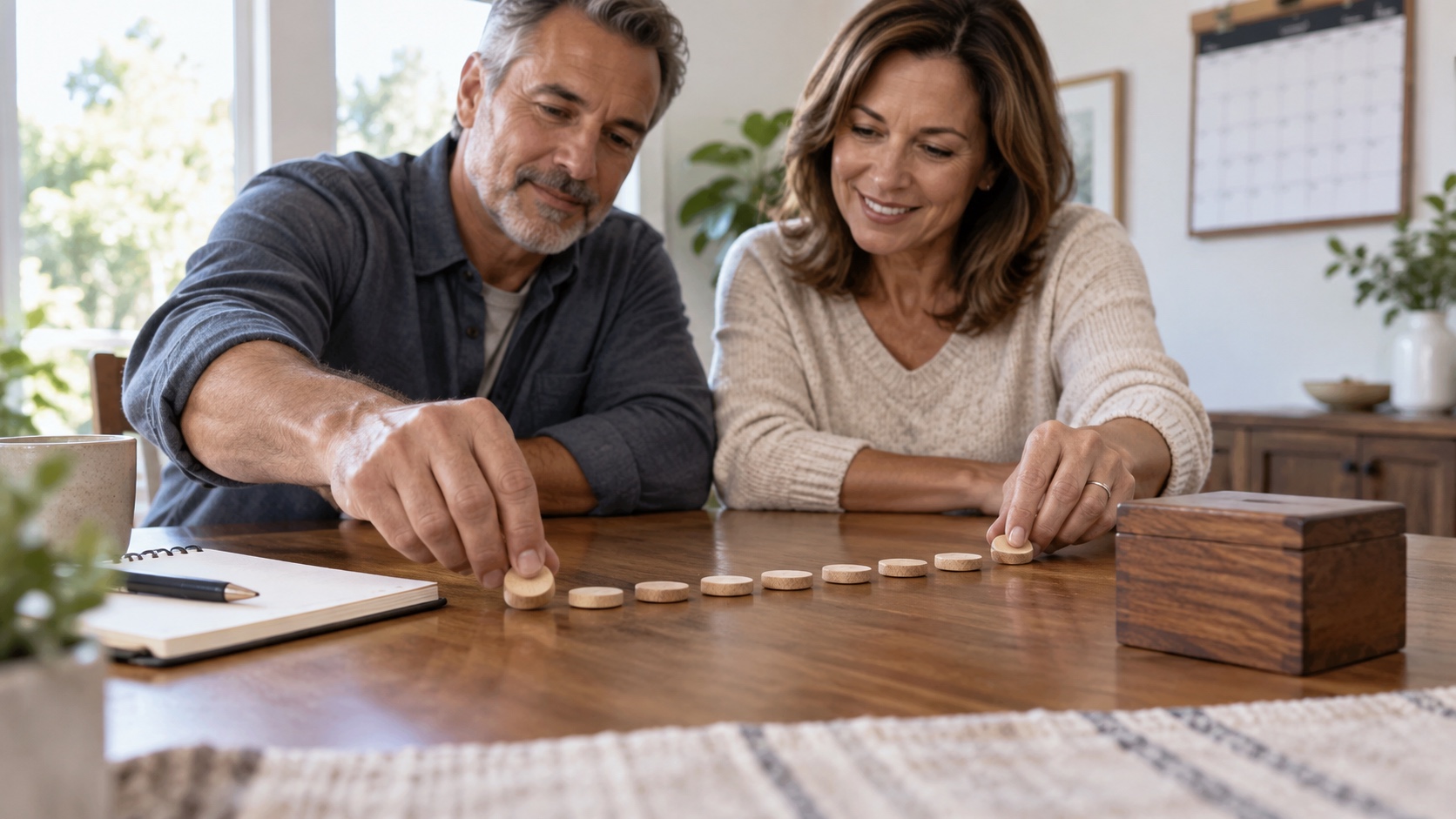 Couple arranging wooden milestone tokens in a path toward a keepsake box at a dining table.
