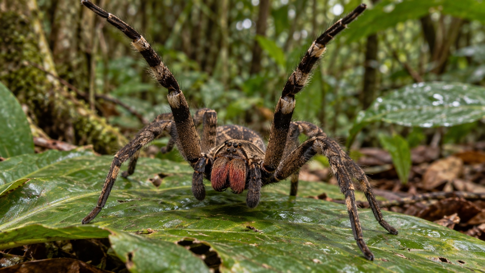 Brazilian wandering spider raising its front legs in a defensive posture on a broad leaf.