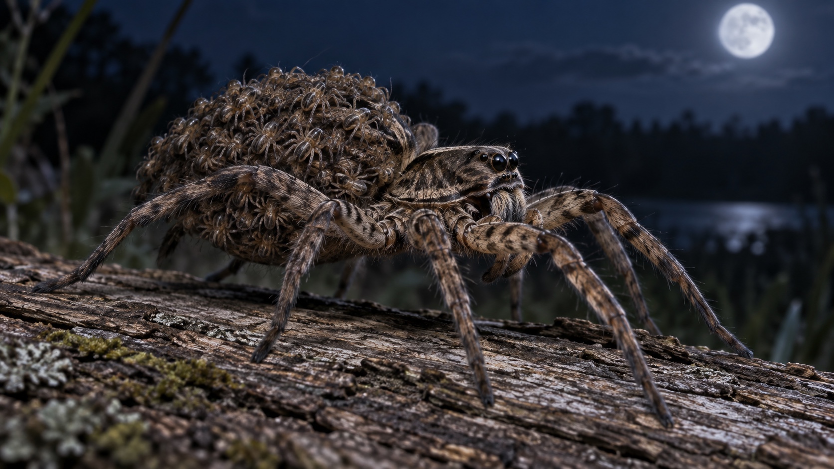 Large female Carolina wolf spider carrying spiderlings across a weathered log at night.