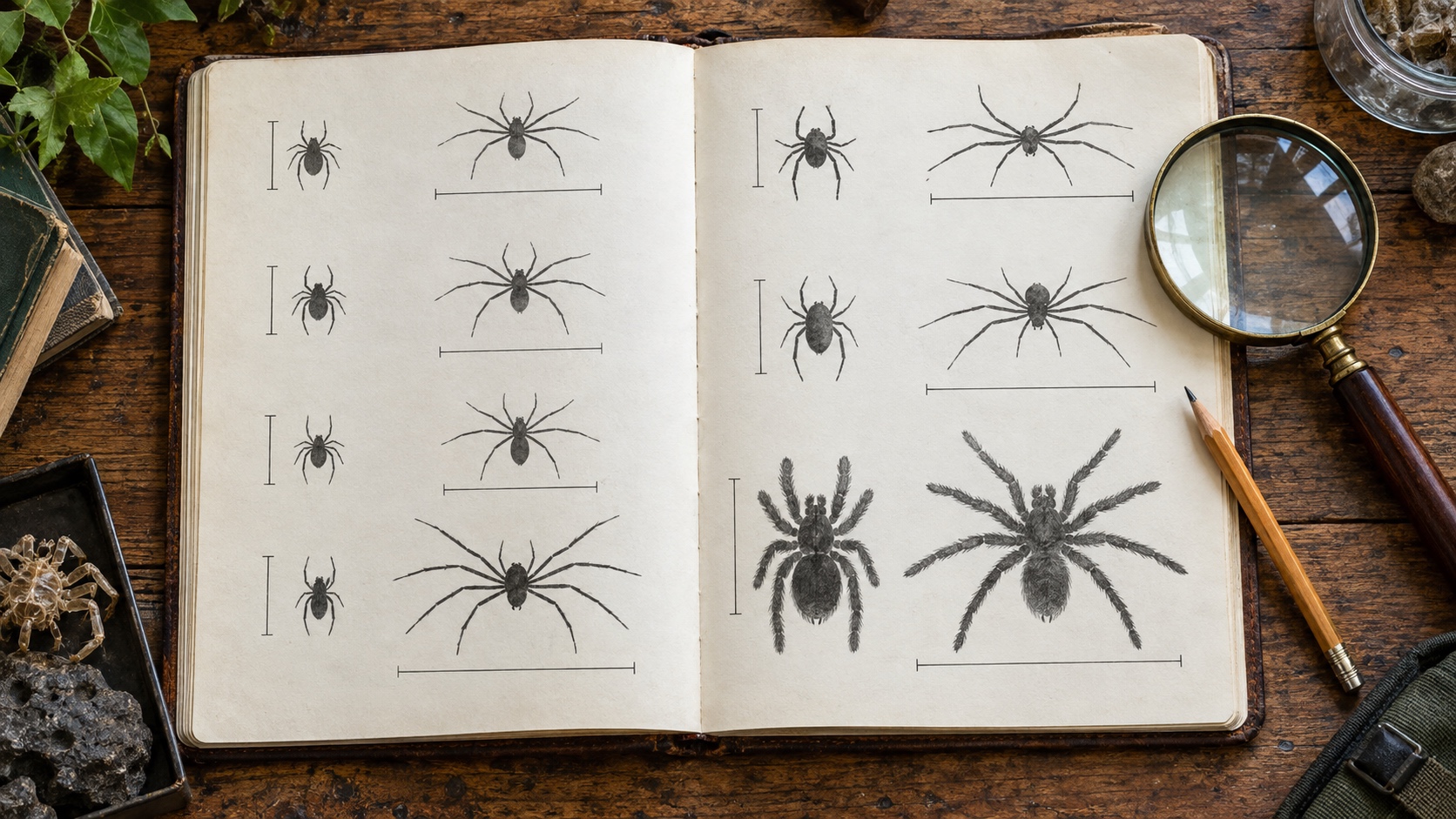 Open field notebook comparing spider silhouettes, body lengths, and leg spans beside a magnifying glass.