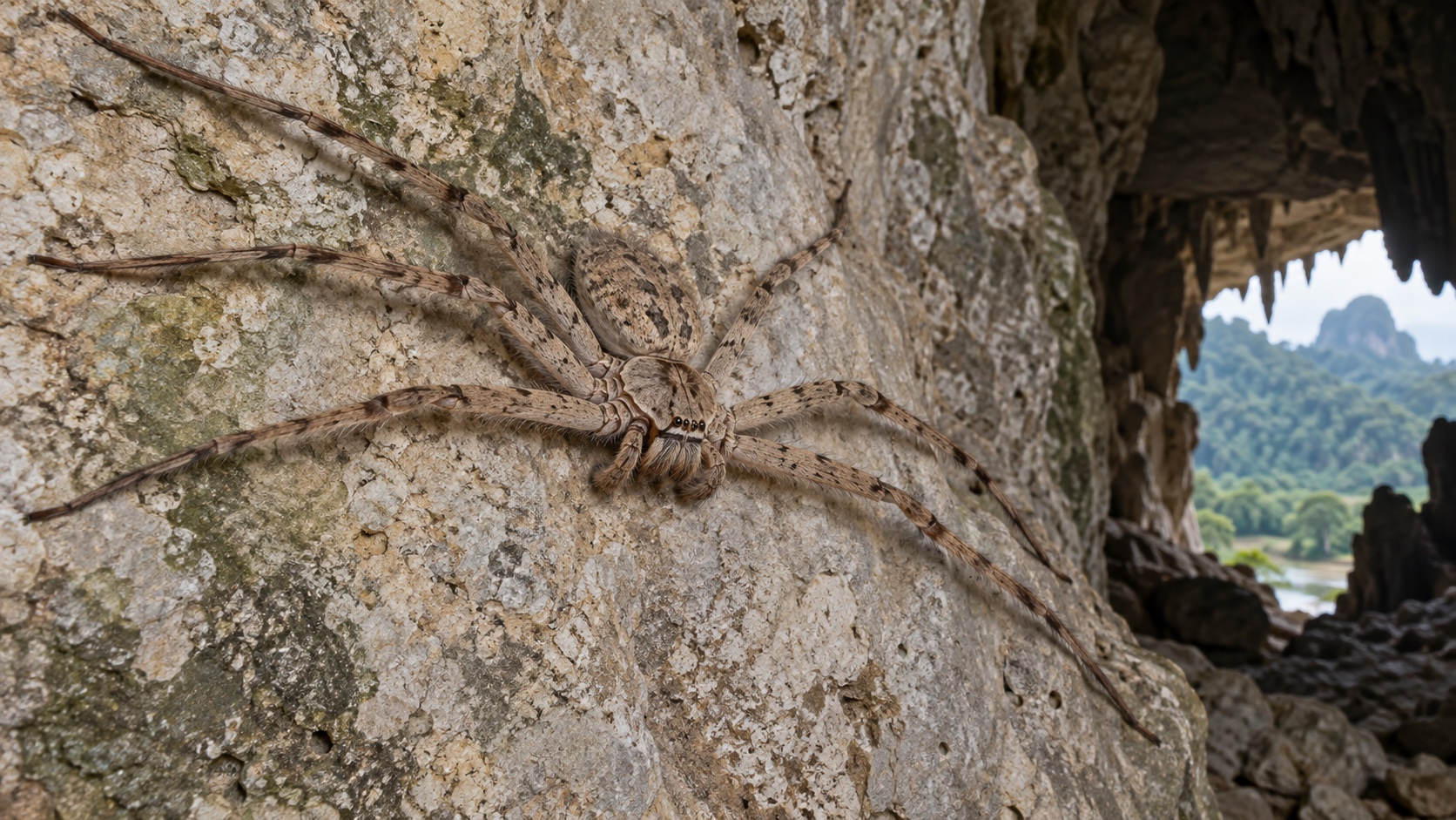 Wide-legged giant huntsman spider flattened against a pale limestone cave wall.