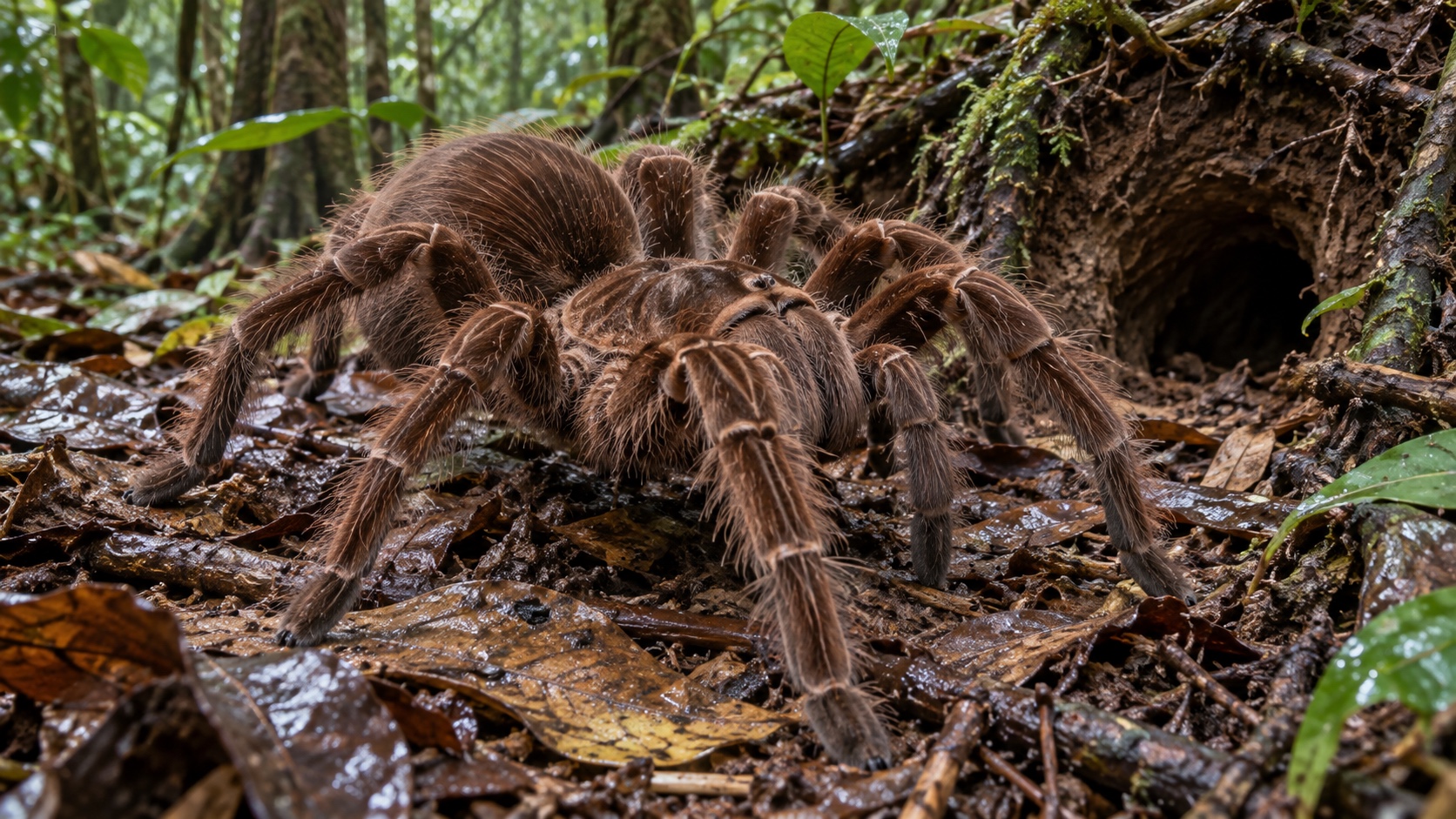 Large brown Goliath birdeater tarantula crossing rainforest leaf litter.