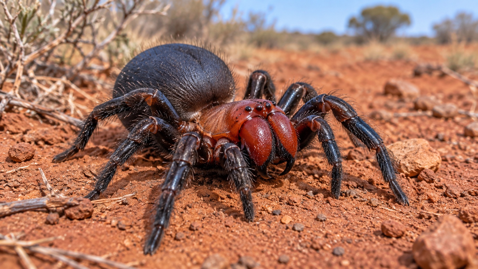 Male red-headed mouse spider with scarlet jaws and a dark blue-black abdomen on red soil.