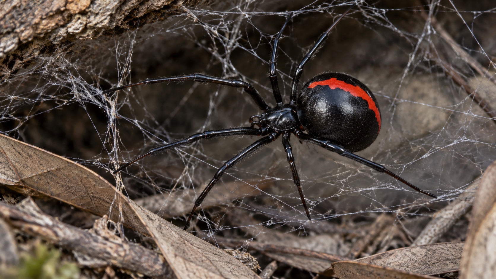 Female redback spider with a vivid red dorsal stripe in an irregular sheltered web.