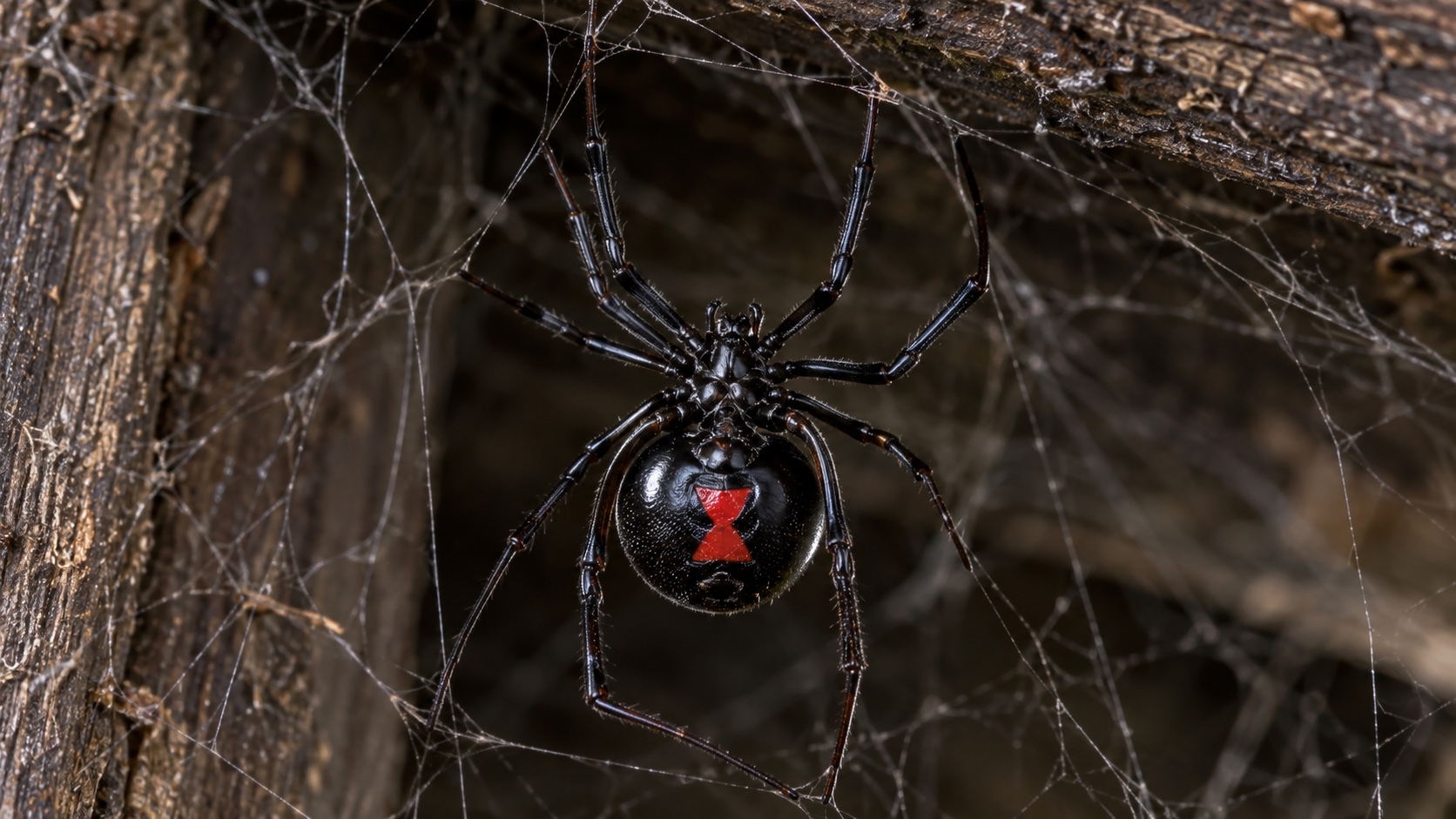 Glossy southern black widow showing a red hourglass while hanging in a tangled web.