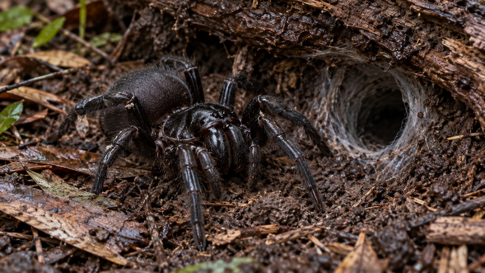 Glossy black Sydney funnel-web spider beside a silk-lined burrow under damp bark.