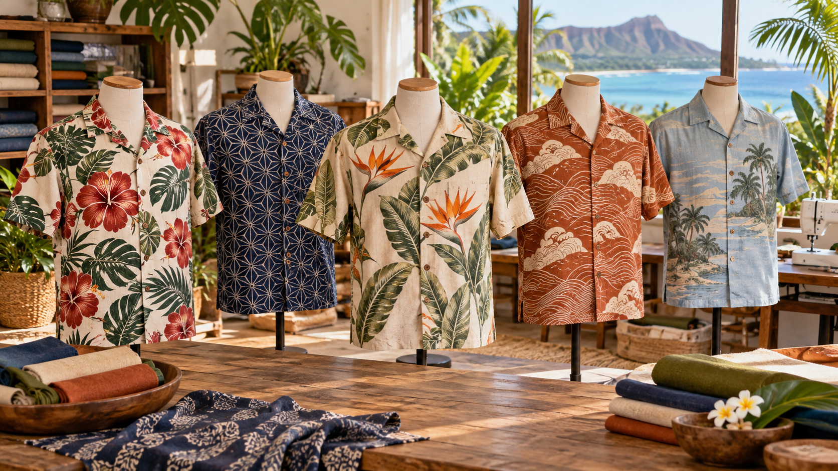 Five label-free vintage-inspired aloha shirts with botanical and geometric patterns displayed in a bright island design studio.