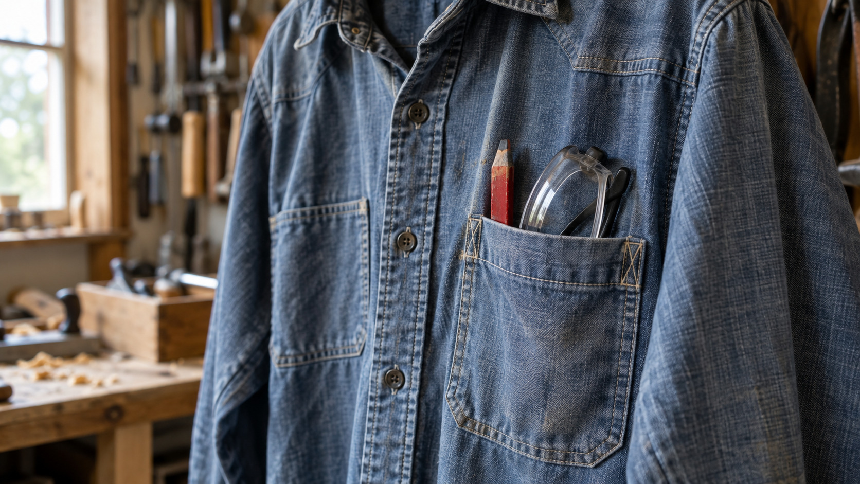 Worn blue chambray work shirt with a stitched chest pocket holding a pencil and folded safety glasses in a workshop.
