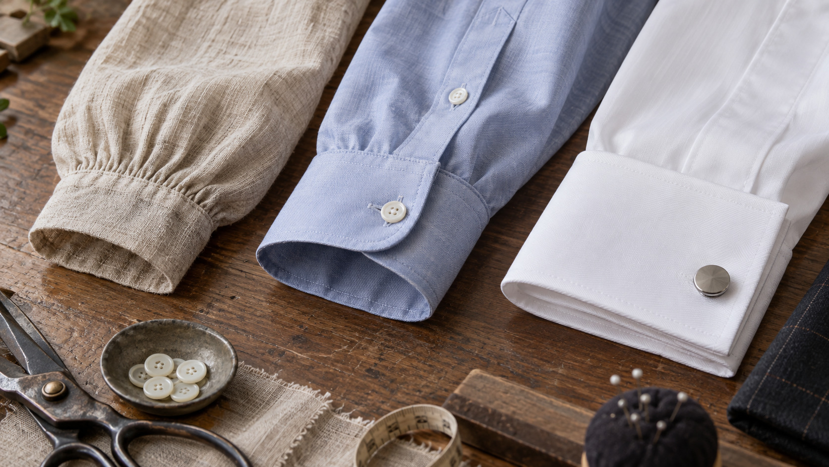 Simple gathered linen cuff, blue button cuff, and folded white double cuff arranged in sequence on a tailor's bench.
