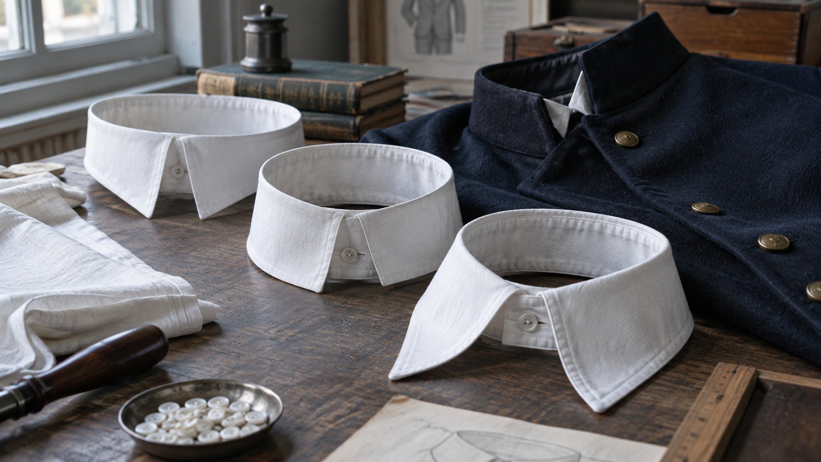Three reconstructed white detachable-style collars arranged beside an unmarked dark wool jacket on a worktable.