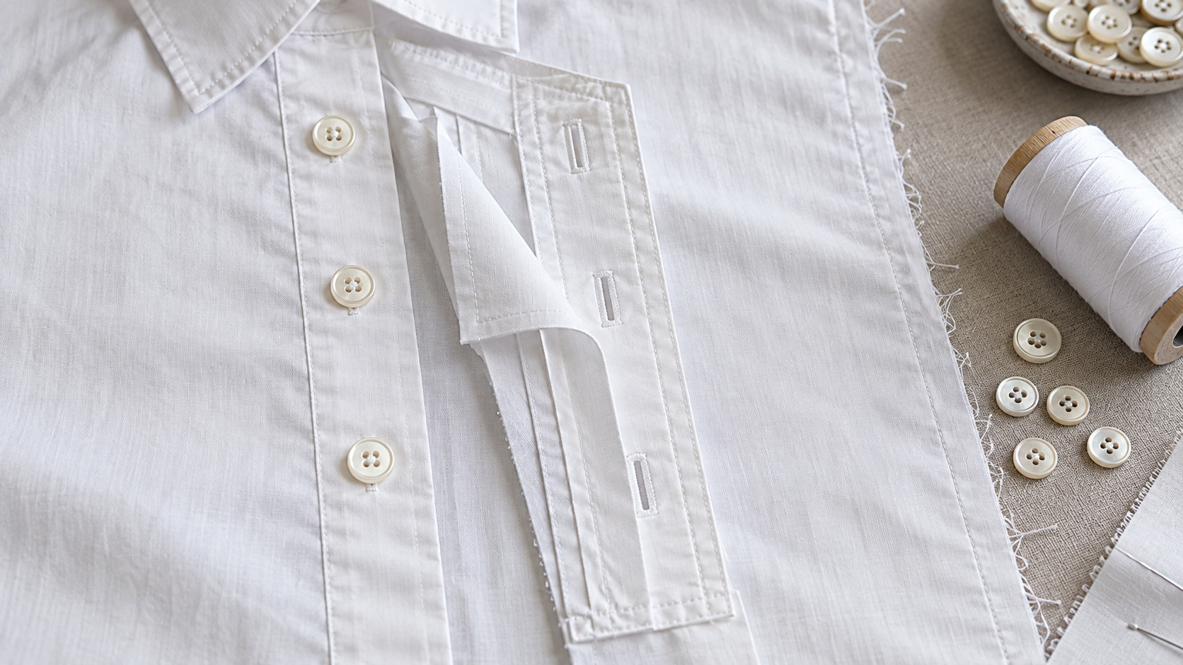 Unfinished white shirt with its layered front placket unfolded to reveal parallel seams, buttons, and buttonholes.