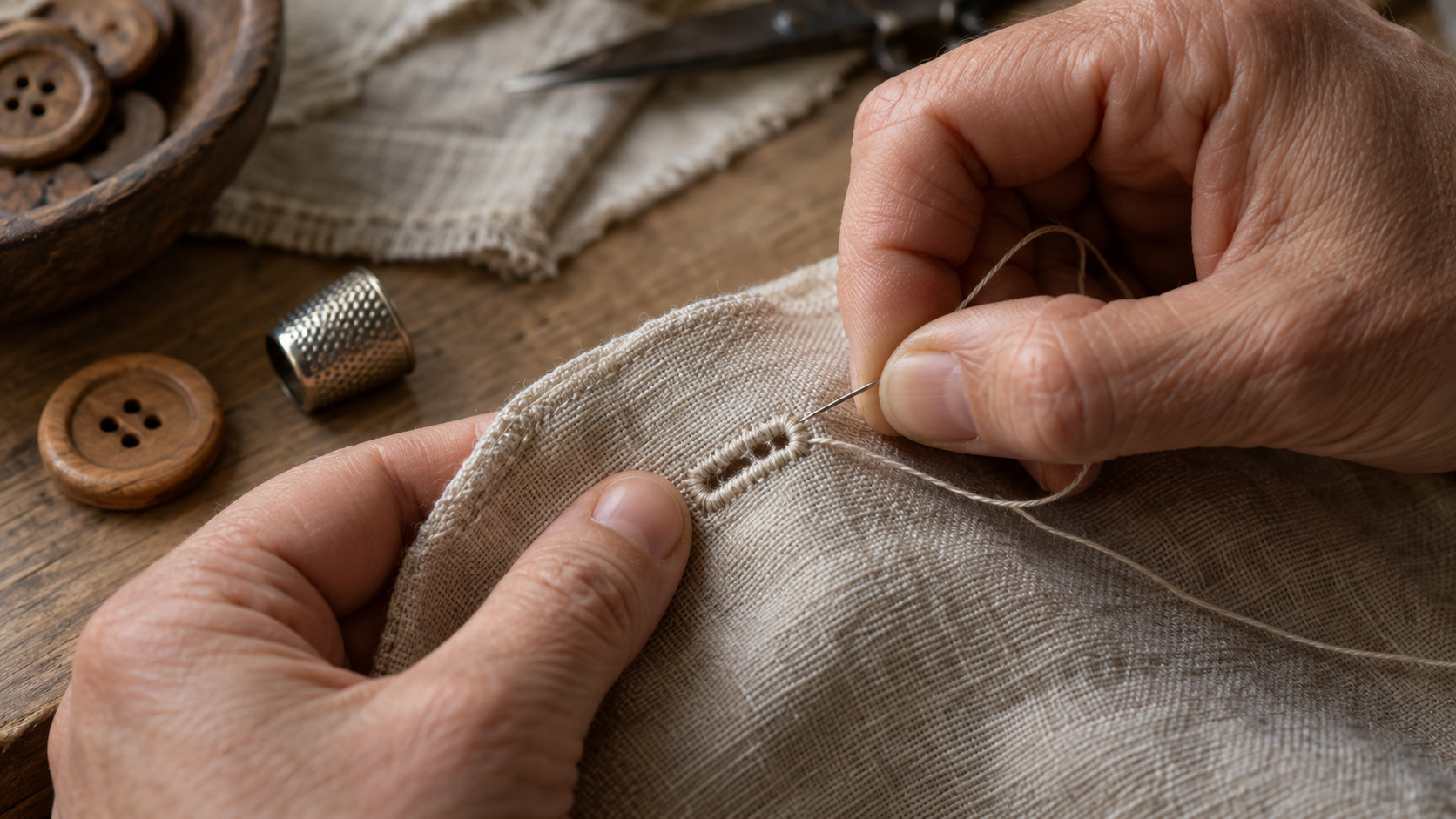 Tailor's hands stitching a reinforced buttonhole into natural linen beside a wooden button and metal thimble.